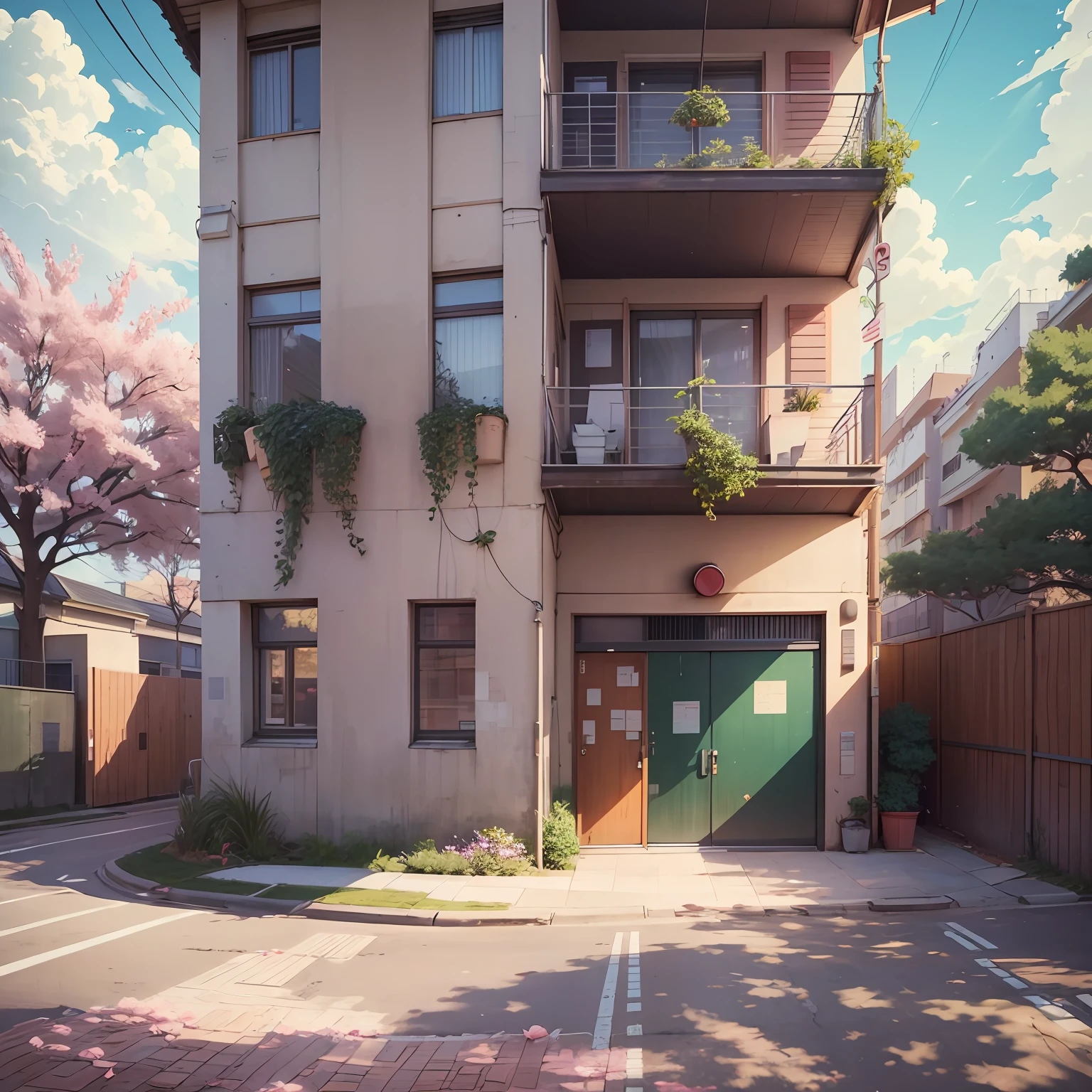 masterpiece, best quality, a city landscape with some sakura trees on the side near a highschool building, there is a light traffic on the street, some birds in the sky, wide view, anime screenshot, anime style drawing, sky visible --auto --s2