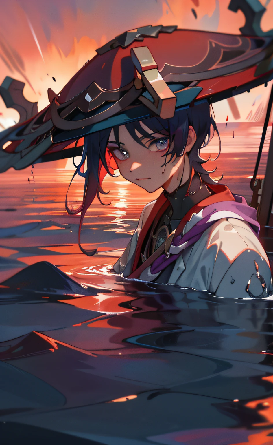 (masterpiece), (best quality), (ultra detailed), Scaramouche(Wanderer), looking at viewer, upper body, flowing colors, red sky, sea, under water, wet shine, wet hair, wet clothes, beauty face