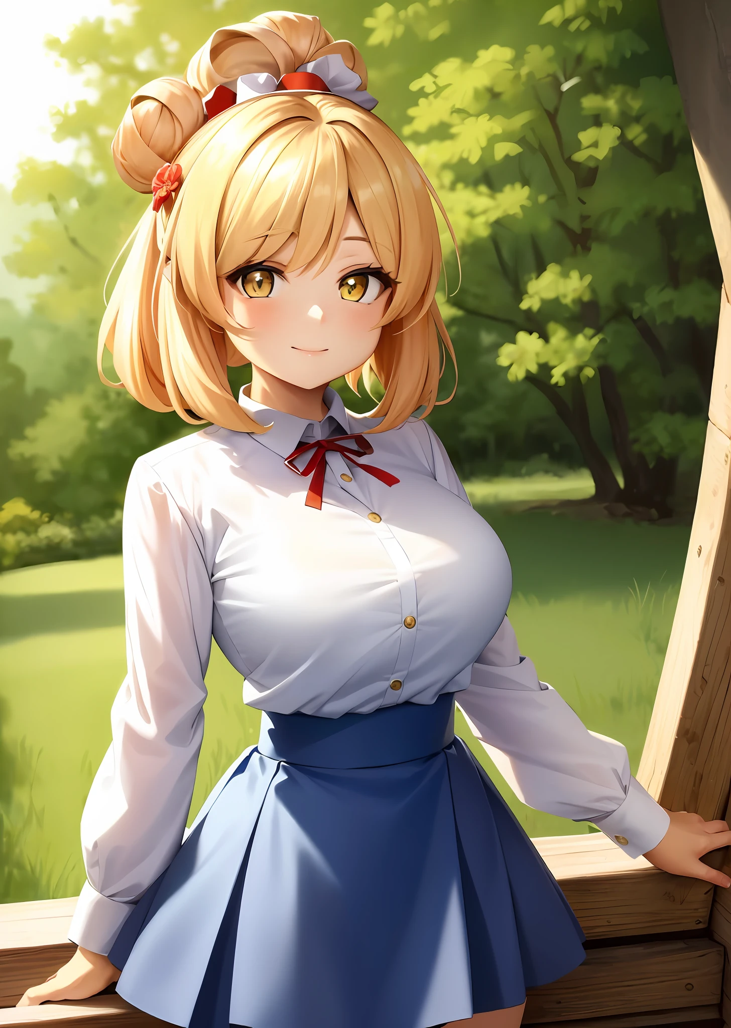 masterpiece:1.2, best quality, isacrossing, topknot, , white shirt, blue skirt, red ribbon, female, forest, giving flower, centered, looking at viewer smiling, human, anime girl, yellow eyes , large breast