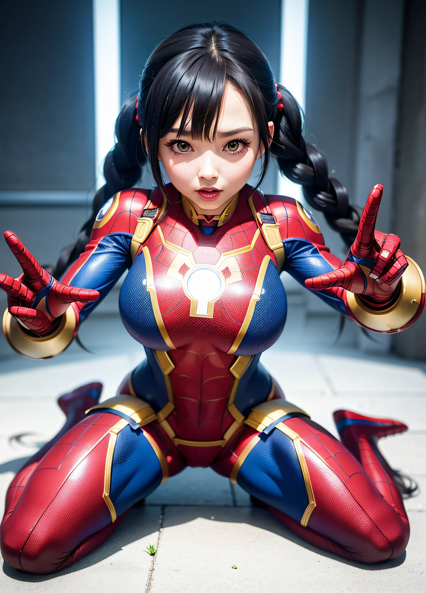A Woman, full body photo with her feet on the ground, ((dressed as Iron Man/Spider-Man/Mega Man-X)), tight-fitting suit, immensely gigantic breasts. The woman has long blue hair with braids held by teddy bear barrettes, green eyes, this one with her fists up, her outfit has several weapons attached to her costume. The woman is looking at the viewer, flushed face, heavy makeup on her face, red lipstick. She on top of a tall building raining heavily, her hair and clothes are soaked, rape face, Anime style, anime, Mortal Kombar style, Mega Man-X style, 16k, high quality, award winning, high details, anatomically correct, masterpiece, UHD