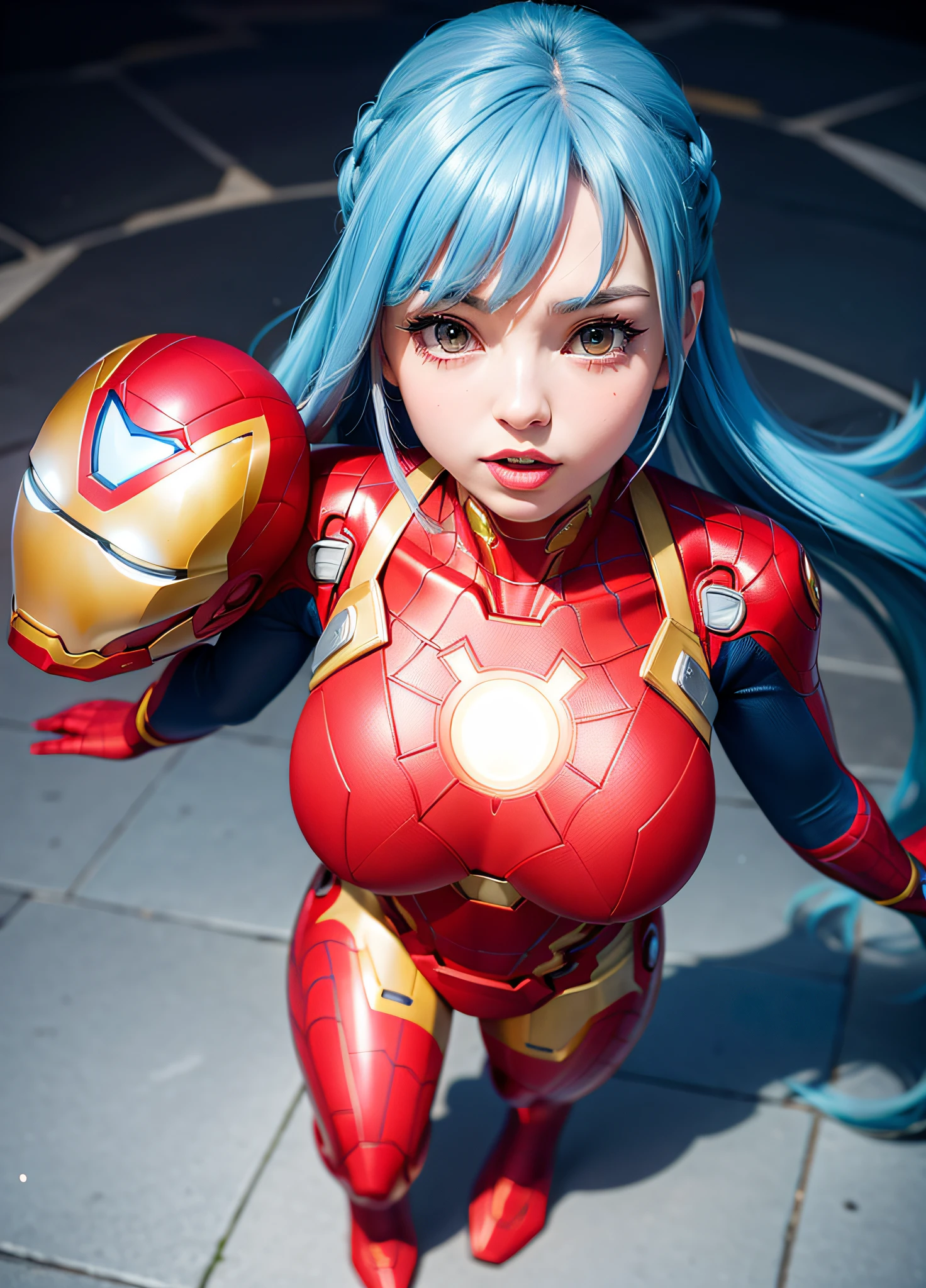 A Woman, full body photo with her feet on the ground, ((dressed as Iron Man/Spider-Man/Mega Man-X)), tight-fitting suit, immensely gigantic breasts. The woman has long blue hair with braids held by teddy bear barrettes, green eyes, this one with her fists up, her outfit has several weapons attached to her costume. The woman is looking at the viewer, flushed face, heavy makeup on her face, red lipstick. She on top of a tall building raining heavily, her hair and clothes are soaked, rape face, Anime style, anime, Mortal Kombar style, Mega Man-X style, 16k, high quality, award winning, high details, anatomically correct, masterpiece, UHD
