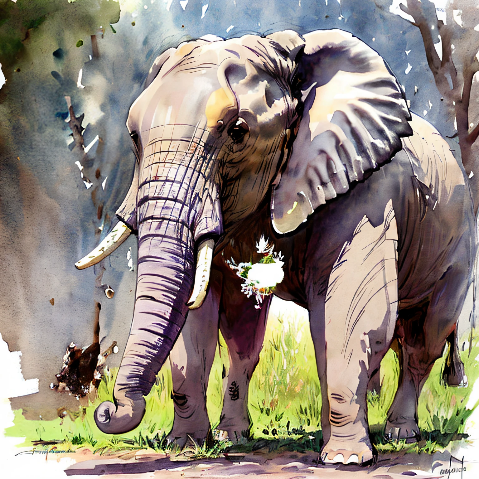 painting of an elephant with a baby elephant in the grass, by Sam Bosma, elephant, colored elephant art, by Andre de Krayewski, beautiful painting of a tall, a beautiful artwork illustration, an elephant in the savannah, an elephant, watercolor detailed art, detailed watercolor painting, watercolour painting, masterful detailed watercolor, watercolour, focus on the elephant