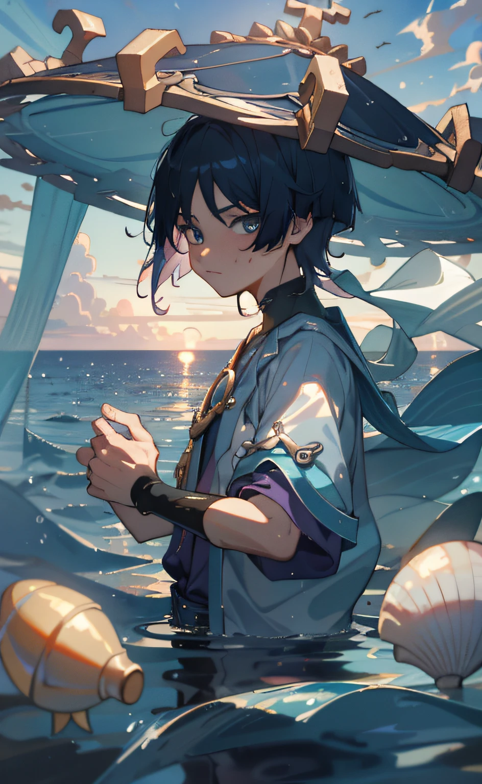 (masterpiece), (best quality), (ultra detailed), Scaramouche(Wanderer), looking at viewer, upper body, flowing colors, cloudy sky, sea, scale, shell, pearl, under water, wet shine, wet hair, wet clothes