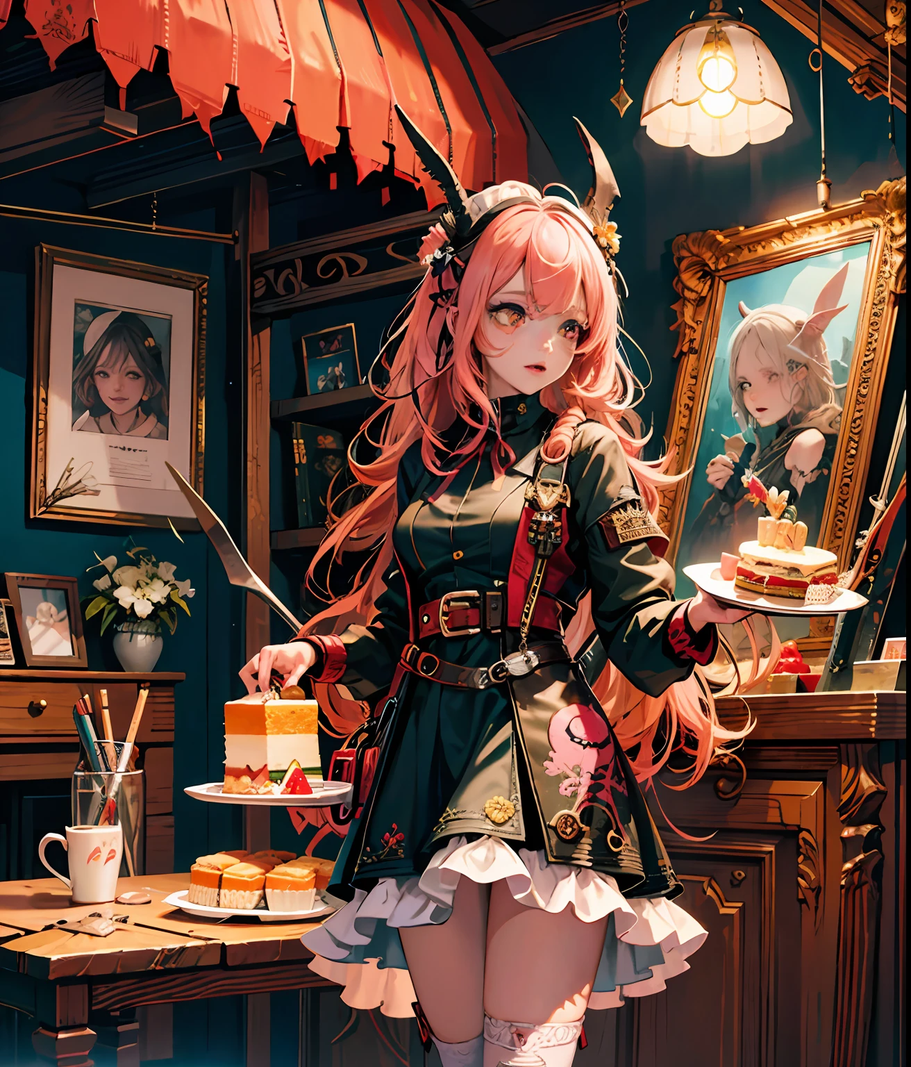official art, unity 8k wallpaper, ultra detailed, beautiful and aesthetic, High quality, beautiful, masterpiece, best quality, (zentangle, mandala, tangle, entangle:0.6), flat color, limited palette, low contrast, 1girl, a cute girl serving cake to demons, pink, bright pastel colors, kawaii, (horror), eerie, rabbit skull, goat skull, in hell, creepy, demons, claws, best lighting