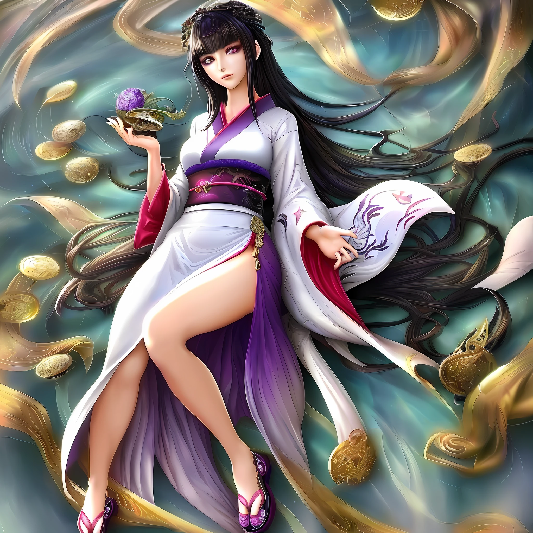 ((realistic cartoon)), (((perfect character)), white kimono, anime style, woman in her 30s. The body is moderately fleshy, purple eyes, black hair, insightful eyes, and stunning and seductive illustrations. The artwork captures the perfect balance between the detailed features of the character's face and the complexity of the kimono. You can see all of her beautiful eyes, from the sparkle in her beautiful eyes to her highly detailed colors and textures. The attention to detail in the eyes, makeup, and hair makes for a highly detailed and breathtaking artwork. Scenic, masterpiece. Full body shot.