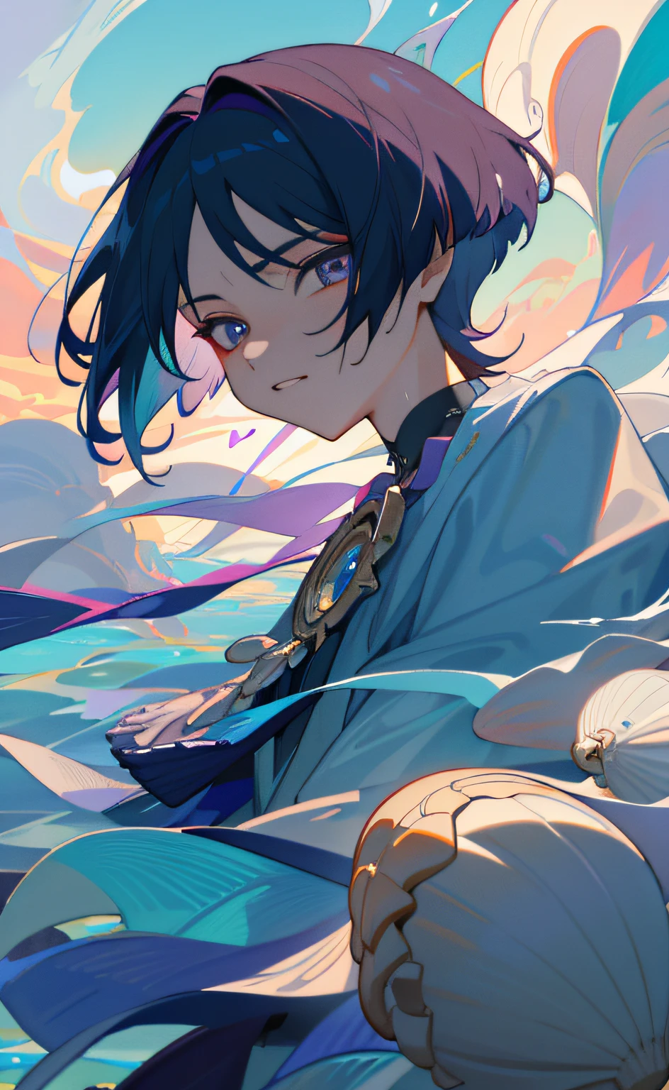 (masterpiece), (best quality), (ultra detailed), Scaramouche(Wanderer), looking at viewer, upper body, flowing colors, cloudy sky, sea, scale, shell, pearl, under water, wet shine
