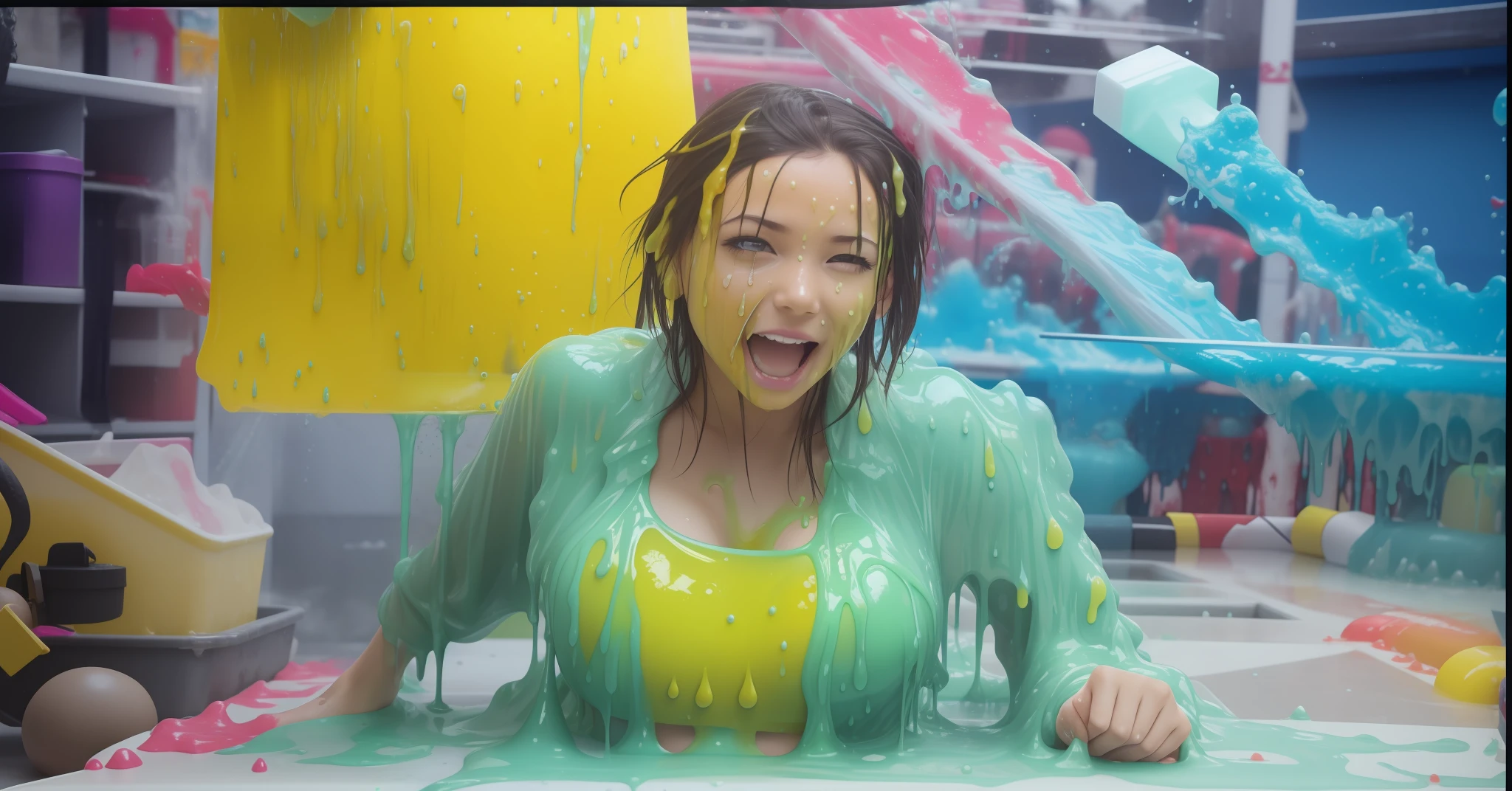 totally gunged, bikini, rmbarrassed female, slimed, gunged, dripping slime, messy hair