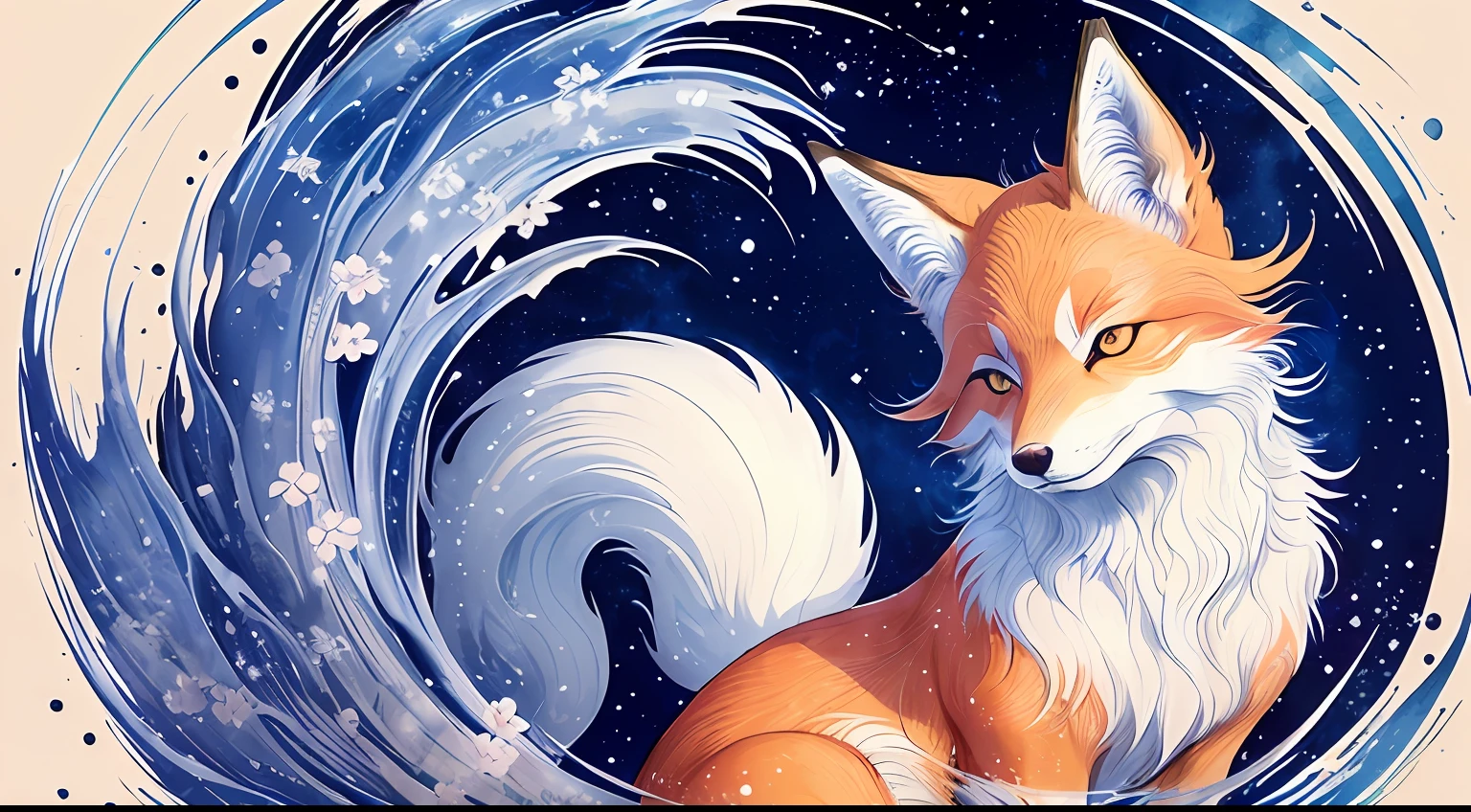 ((Best quality)), ((masterpiece)), (detailed),Create a digital artwork inspired by {Japanese folklore} and {traditional ink wash paintings}. The subject of the image is a {mystical fox spirit} known as a {kitsune}, adorned with {vibrant autumn leaves} and {wisps of magical energy}. The art style should be {expressive} and {brushstroke-driven}, taking inspiration from artists like {Katsushika Hokusai} and {Yoshitoshi}. The camera shot can be a {close-up}, emphasizing the intricate details of the kitsune's features and its expressive eyes. The lens type can be {macro} to capture the fine textures and delicate brushstrokes. The color palette should feature {rich, deep hues} with {subtle gradients} to evoke a sense of enchantment. Pay attention to {fluid and expressive brushwork} to capture the essence of traditional ink wash painting techniques.