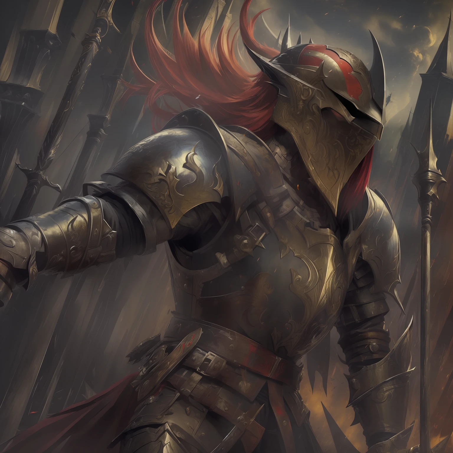 (((8k, best quality, masterpiece:1.4)))), ultra high resolution, ultra-detailed, illustration, warrior with red hair, with black armor, dark medieval, colorful, action scene, sinister environment, in a medieval arena, ((horror)), upper body, dark scenery well done, background only.