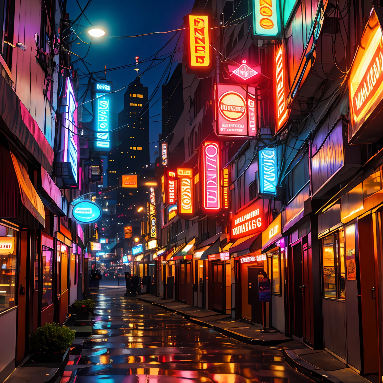 detailed anime style, anime, exterior, 1girl cyborg center frame, plastic face, breasts, modern, dark city streets, urban, alleyway, night, garbage, dilapidated, red light district, futuristic, skyscraper, cityscape, night sky, airships, bladerunner pyramid, neon, ironwork, cyberpunk, mist, steam rising from drains, nsfw, advertising posters, massage parlors, seedy bars, illuminated signage for alcohol
