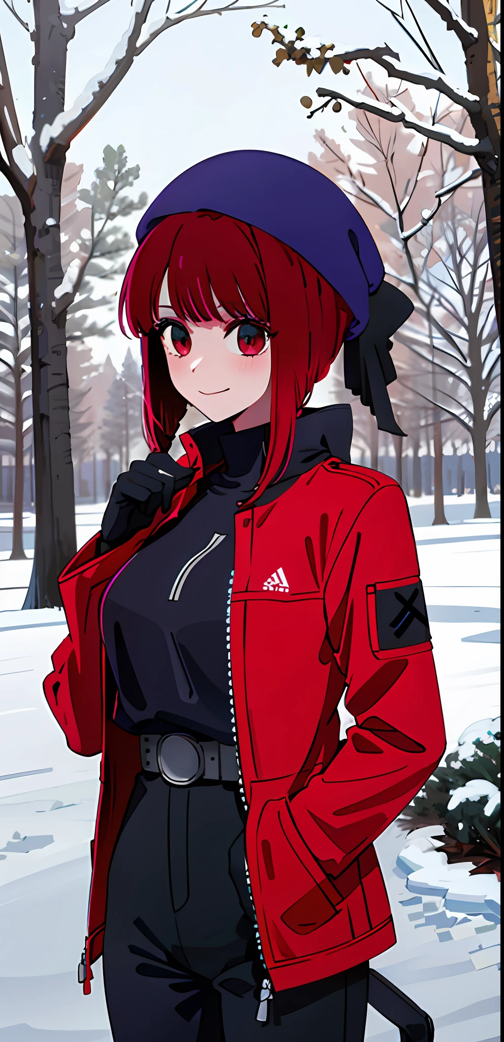 absurdres , highres, (ultra detailed:1.2), girl, medium breast 
BREAK
intricate detailed red winter jacket, warm clothes, black pants
BREAK
,red hair, ponytail, smiling, detailed eyes, red iris, beanie, 
BREAK
,winter, trees covered in snow, snow, snowy bushes