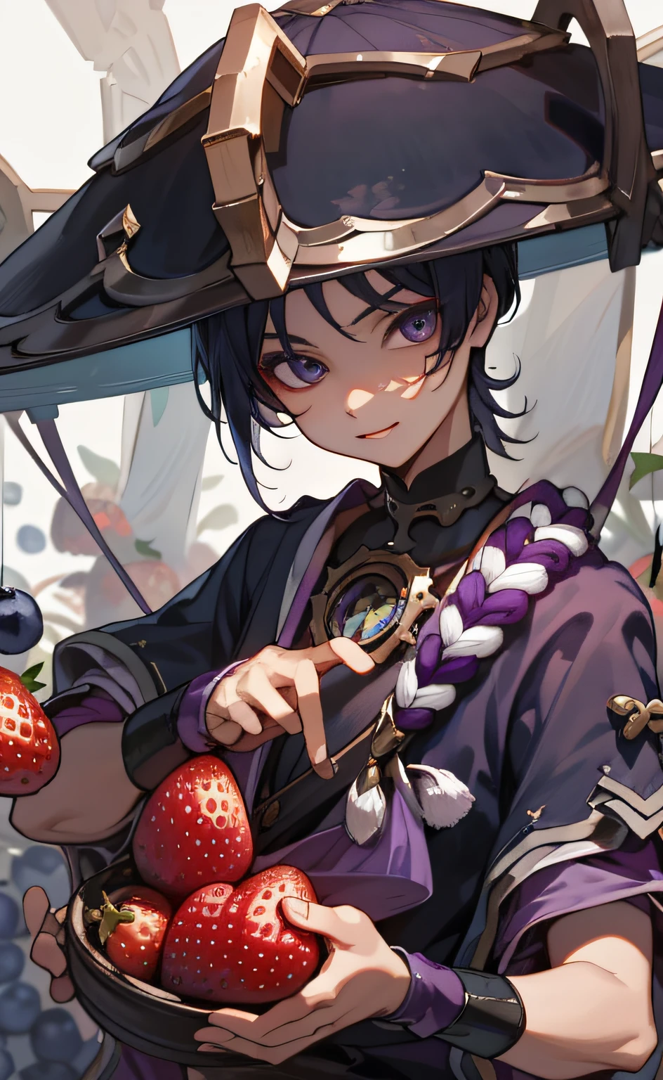 (masterpiece), (best quality), (ultra detailed), Scaramouche(Wanderer), front looking, looking at viewer, upper body, table, blueberries, strawberries, berries, blueberries