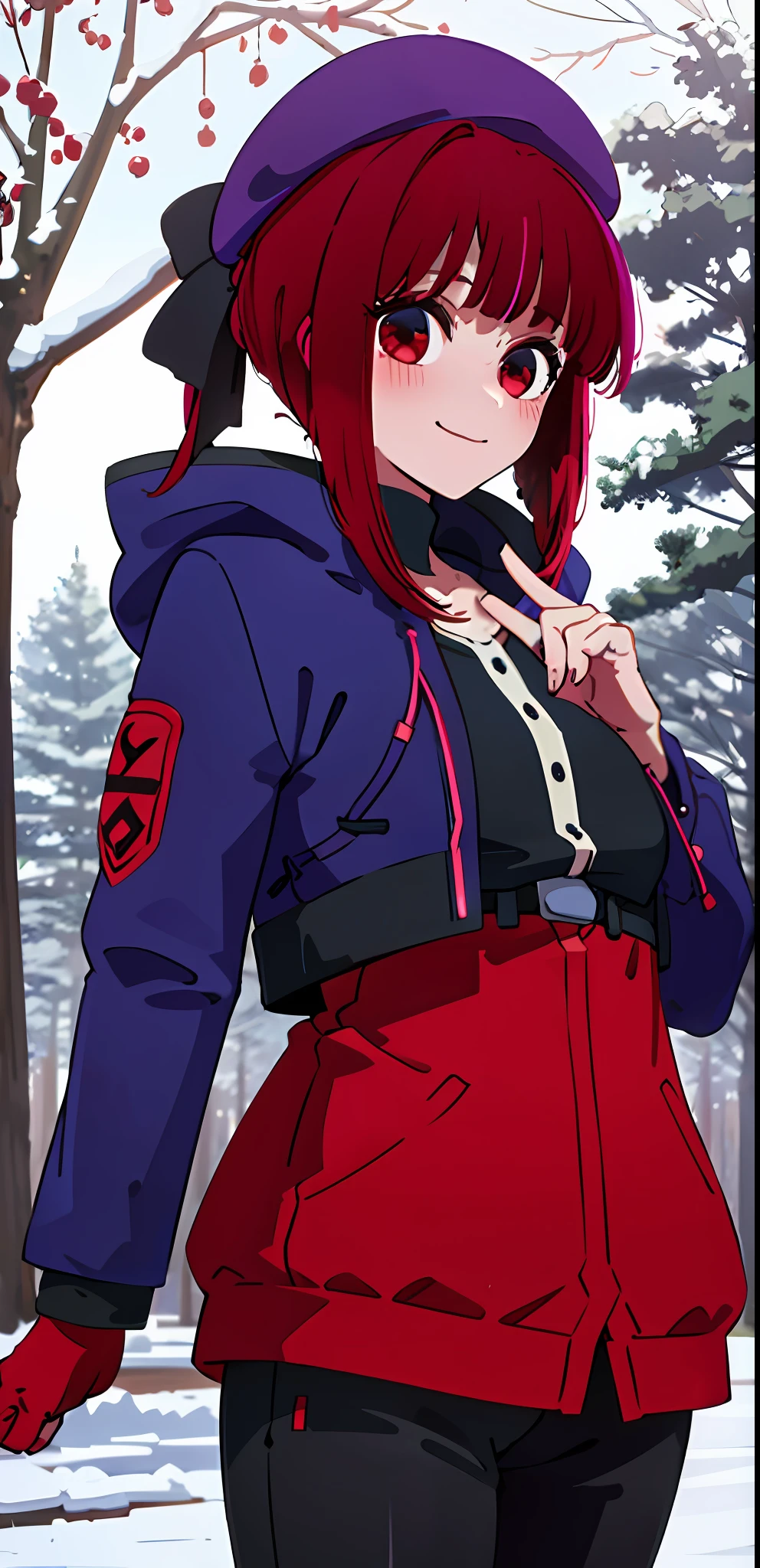 absurdres , highres, (ultra detailed:1.2), girl, medium breast 
BREAK
intricate detailed red winter jacket, warm clothes, black pants
BREAK
,red hair, ponytail, smiling, detailed eyes, red iris, beanie, 
BREAK
,winter, trees covered in snow, snow, snowy bushes