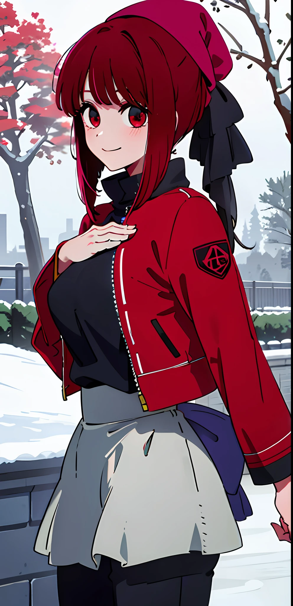 absurdres , highres, (ultra detailed:1.2), girl, medium breast
BREAK
intricate detailed red winter jacket, warm clothes, black pants
BREAK
,red hair, ponytail, smiling, detailed eyes, red iris, beanie,
BREAK
,winter, trees covered in snow, snow, snowy bushes