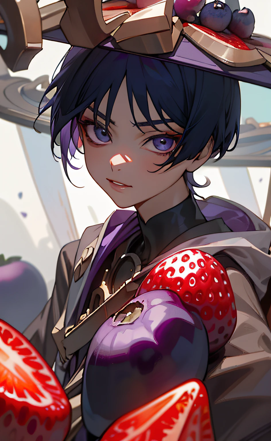 (masterpiece), (best quality), (ultra detailed), Scaramouche(Wanderer), front looking, looking at viewer, upper body, table, blueberries, strawberries, berries, blueberries