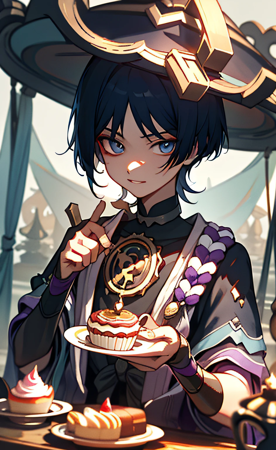 (masterpiece), (best quality), (ultra detailed), Scaramouche(Wanderer), front looking, looking at viewer, upper body, table, tea, cake, tea party, cupcakes, fruit jelly, blue