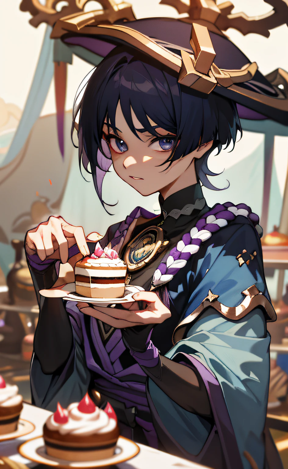 (masterpiece), (best quality), (ultra detailed), Scaramouche(Wanderer), front looking, looking at viewer, upper body, table, tea, cake, tea party, cupcakes, fruit jelly, blue