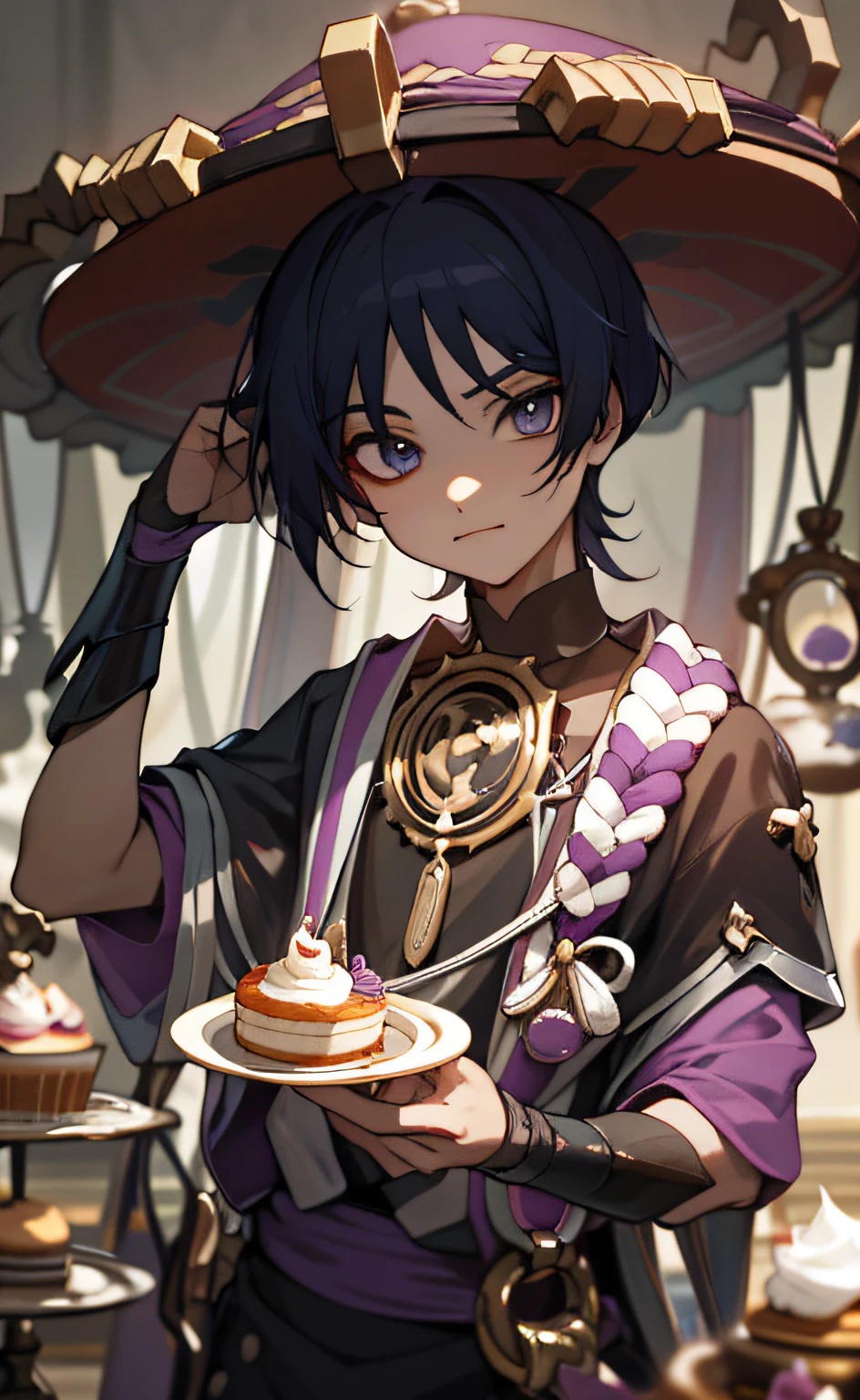(masterpiece), (best quality), (ultra detailed), Scaramouche(Wanderer), front looking, looking at viewer, upper body, table, tea, cake, tea party, cupcakes, lots of cream on the cake