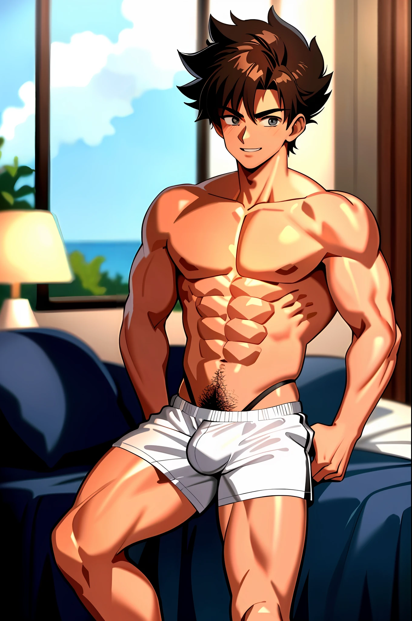 ((masterpiece)), (best quality), 1boy, ((masterpiece)), (best quality), (detailed), (1boy),1 bodybuilder boy, , teen, spiky brown hair, grey eyes, ((dark brown skin)), lean body, handsome, shirtless, (white boxer shorts), huge bulge, virile, masculine, in bedroom, teen, young,le, 16 years old, badetailed, ultra-detailed, absurdress