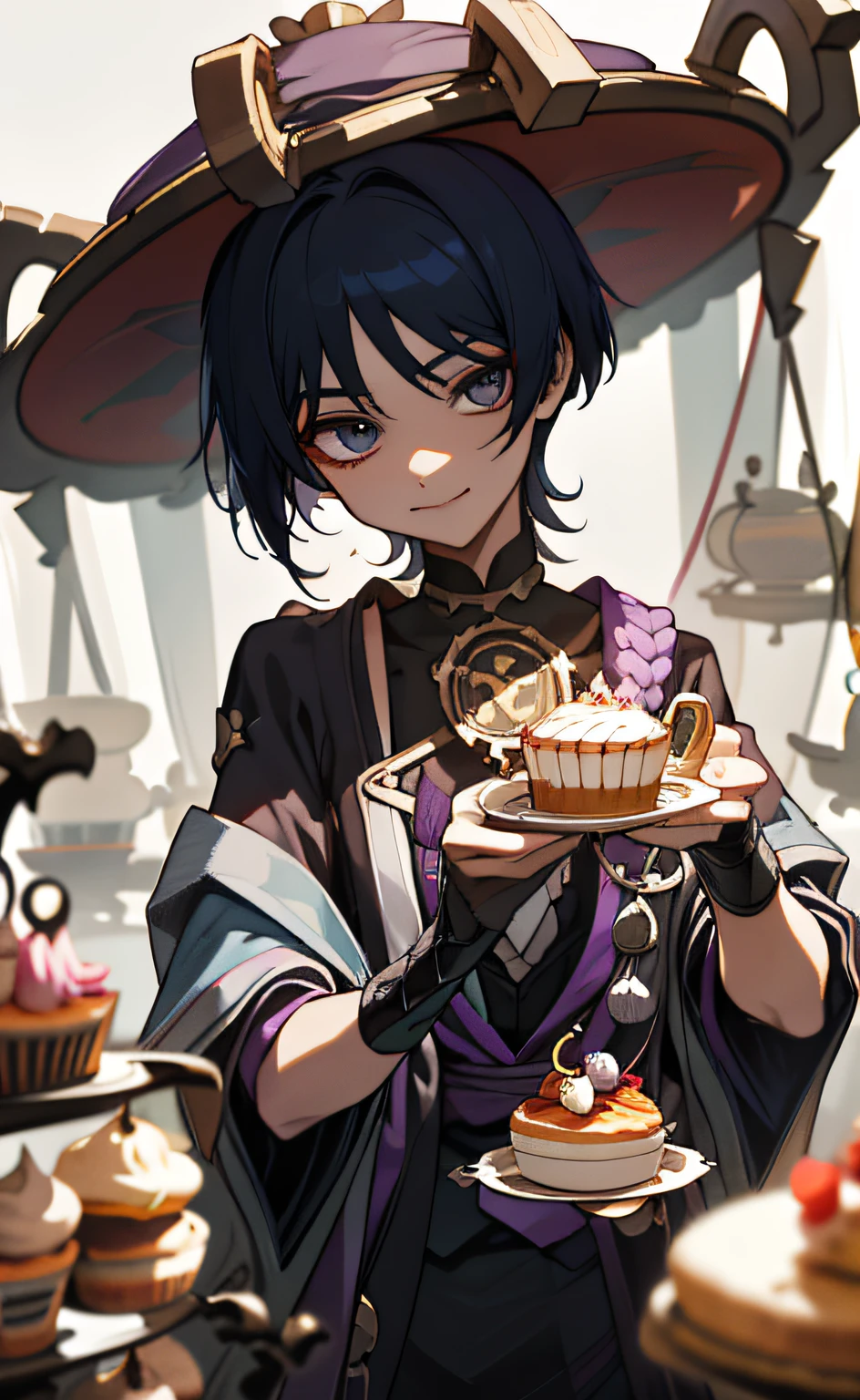 (masterpiece), (best quality), (ultra detailed), Scaramouche(Wanderer), front looking, looking at viewer, upper body, table, tea, cake, tea party, cupcakes