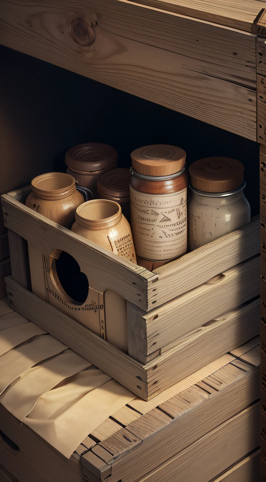 ((best quality)), ((masterpiece)), (detailed), Close-up shot of a wooden crate filled with scarce supplies, limited food items, depicted in the style of John White, known for his Realism approach. The camera angle captures the intricate details of the worn wooden texture and the sparse contents inside, emphasizing the scarcity and hardship.