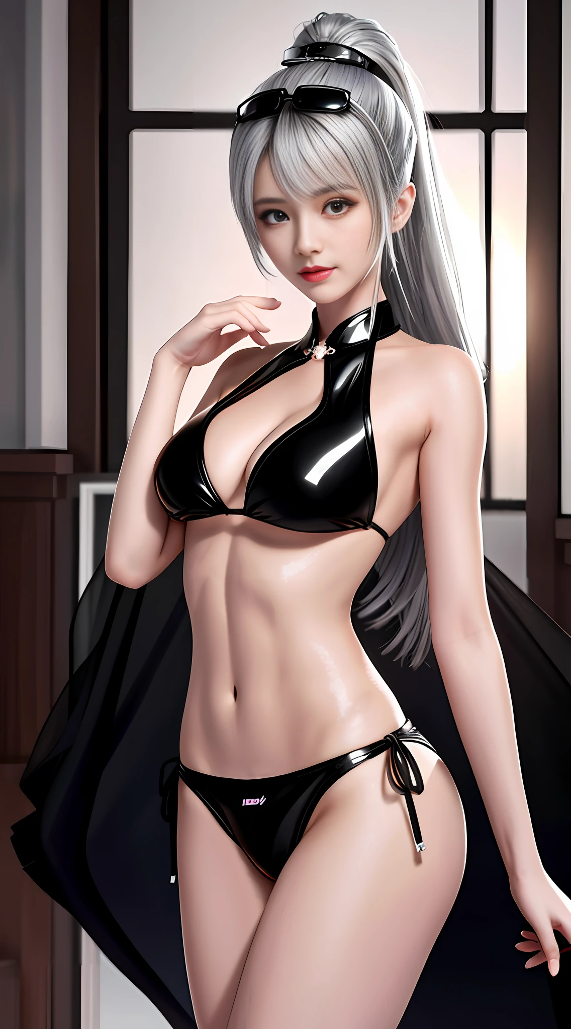 best quality, masterpiece, high_res, 1girl, beautiful face, (black eyes), (silver hair), (photo fidelity:1.3), edge lighting, (high detail skin: 1.2), 8k ultra hd, dslr camera, high quality, high resolution, 4k, 8k, bokeh, big tits, ridiculous, ponytail, best ratio of four fingers and one thumb, (reality: 1.2), arm up, micro microbi bikini, black color bikini, black transparent bikini.