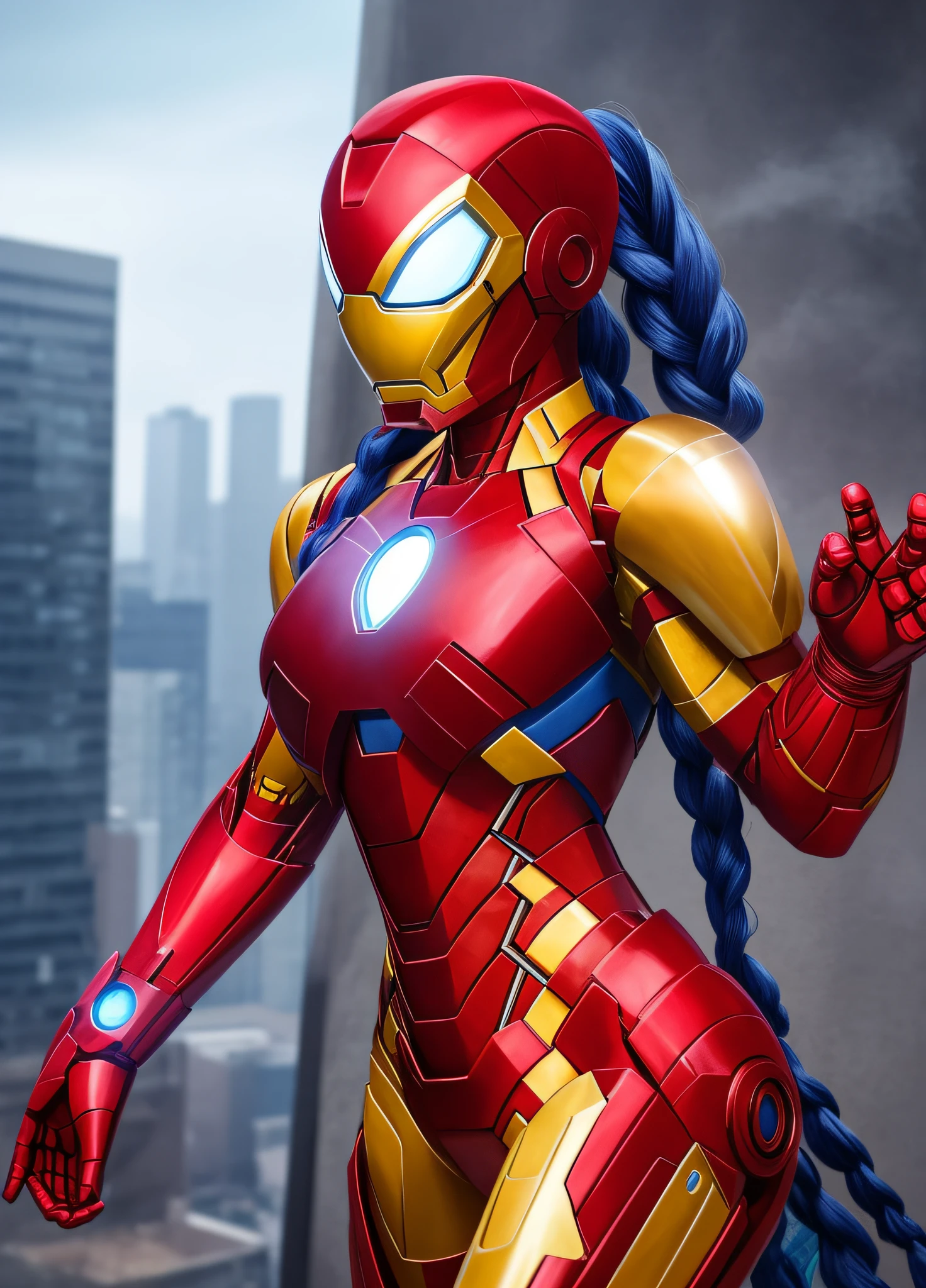 A Woman, full body photo with her feet on the ground, ((dressed as Iron Man/Spider-Man/Mega Man-X)), tight-fitting suit, immensely gigantic breasts. The woman has long blue hair with braids held by teddy bear barrettes, green eyes, this one with her fists up, her outfit has several weapons attached to her costume. The woman is looking at the viewer, flushed face, heavy makeup on her face, red lipstick. She on top of a tall building raining heavily, her hair and clothes are soaked, rape face, Anime style, anime, Mortal Kombar style, Mega Man-X style, 16k, high quality, award winning, high details, anatomically correct, masterpiece, UHD