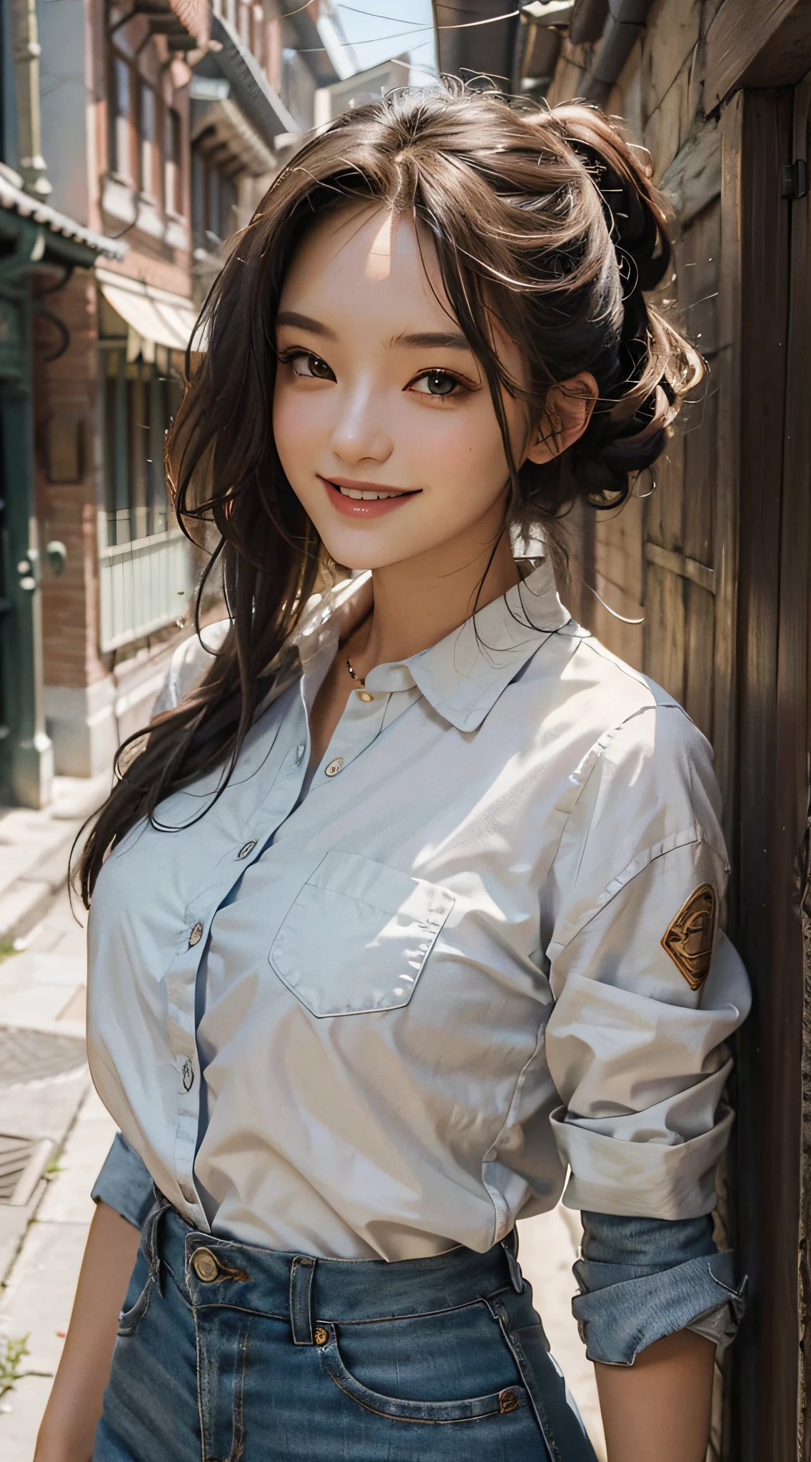 ((masterpiece)), ((best quality)), woman, beautiful, smile, close up, alleyway, casual outfit, sfw