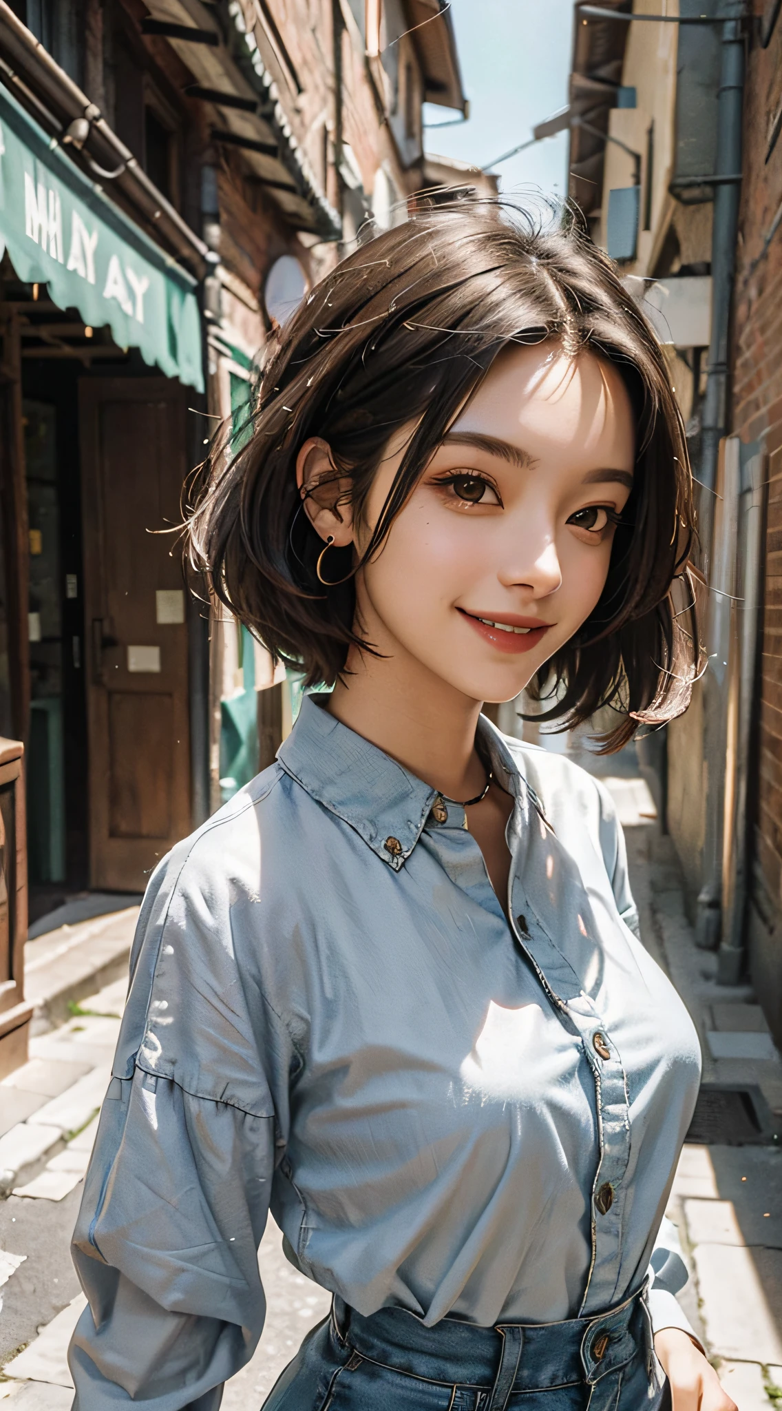 ((masterpiece)), ((best quality)), woman, beautiful, smile, close up, alleyway, casual outfit, sfw
