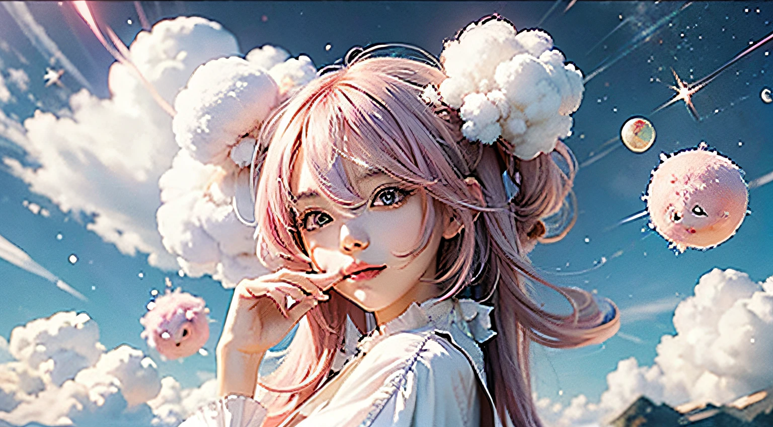 concept art, concept art book, manga page, novel art, lewd, erotic. seductive pose, chibi, small, micro, cloudium, clouds, cloud seeds, cloudium seeds, cloud bush, simple, cute, smily face, white circle happy, silly, adorable, farm, candy, sugar, cotton candy, pink hair, pink eyes, navel, thighs, panties, holding cotton candy, blasting cotton candy, explosion, nebula, white magic stars,cum