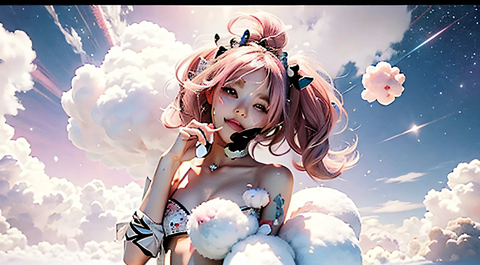 concept art, concept art book, manga page, novel art, lewd, erotic. seductive pose, chibi, small, micro, cloudium, clouds, cloud seeds, cloudium seeds, cloud bush, simple, cute, smily face, white circle happy, silly, adorable, farm, candy, sugar, cotton candy, pink hair, pink eyes, navel, thighs, panties, holding cotton candy, blasting cotton candy, explosion, nebula, white magic stars,cum