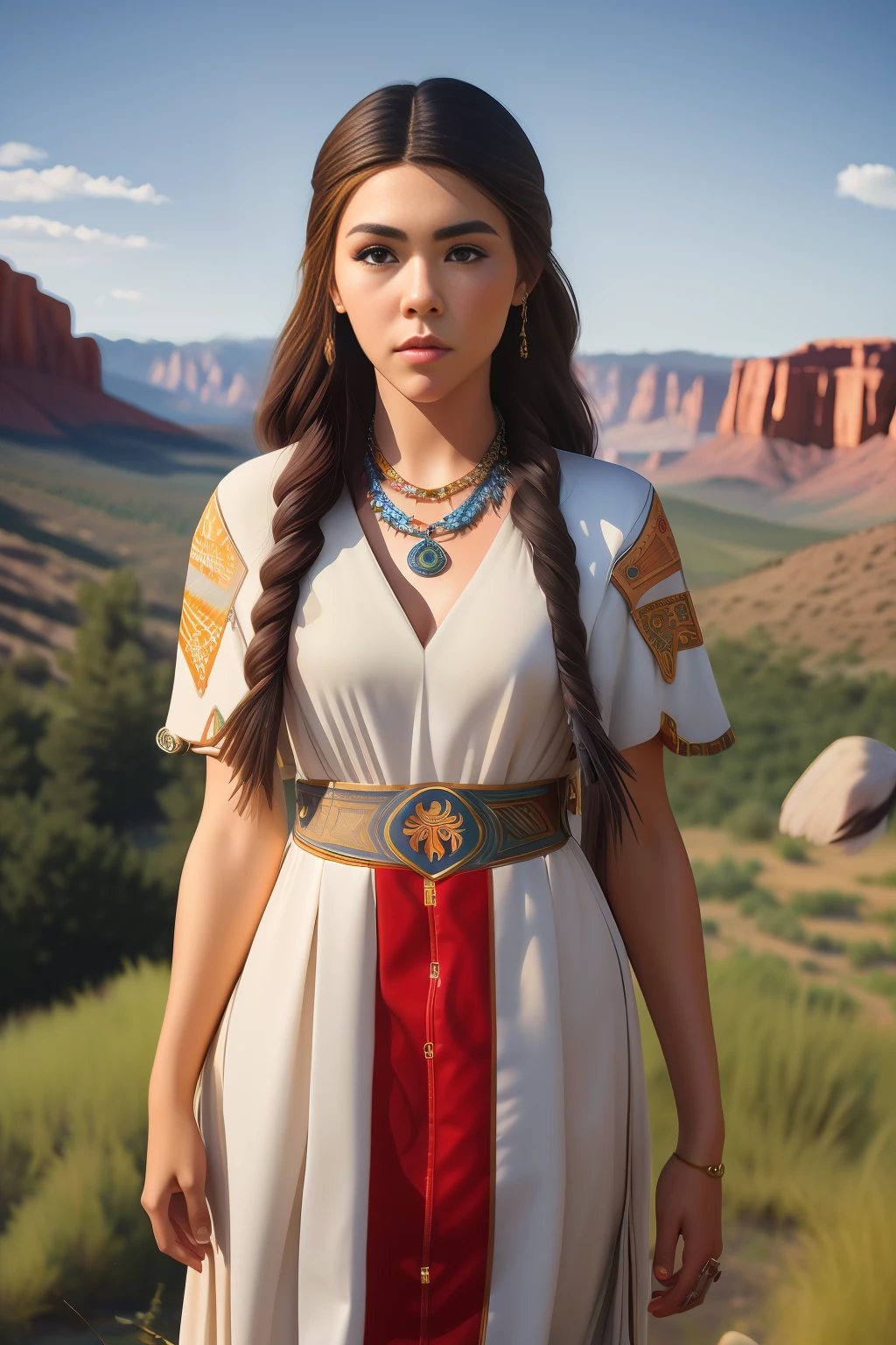 mdjrny-v4 style portrait photograph of Madison Beer as Pocahontas, young beautiful native american woman, perfect symmetrical face, feather jewelry, traditional handmade dress, armed female hunter warrior, (((wild west))) environment, Utah landscape, ultra realistic, concept art, elegant, ((intricate)), ((highly detailed)), depth of field, ((professionally color graded)), 8k, art by artgerm and greg rutkowski and alphonse mucha