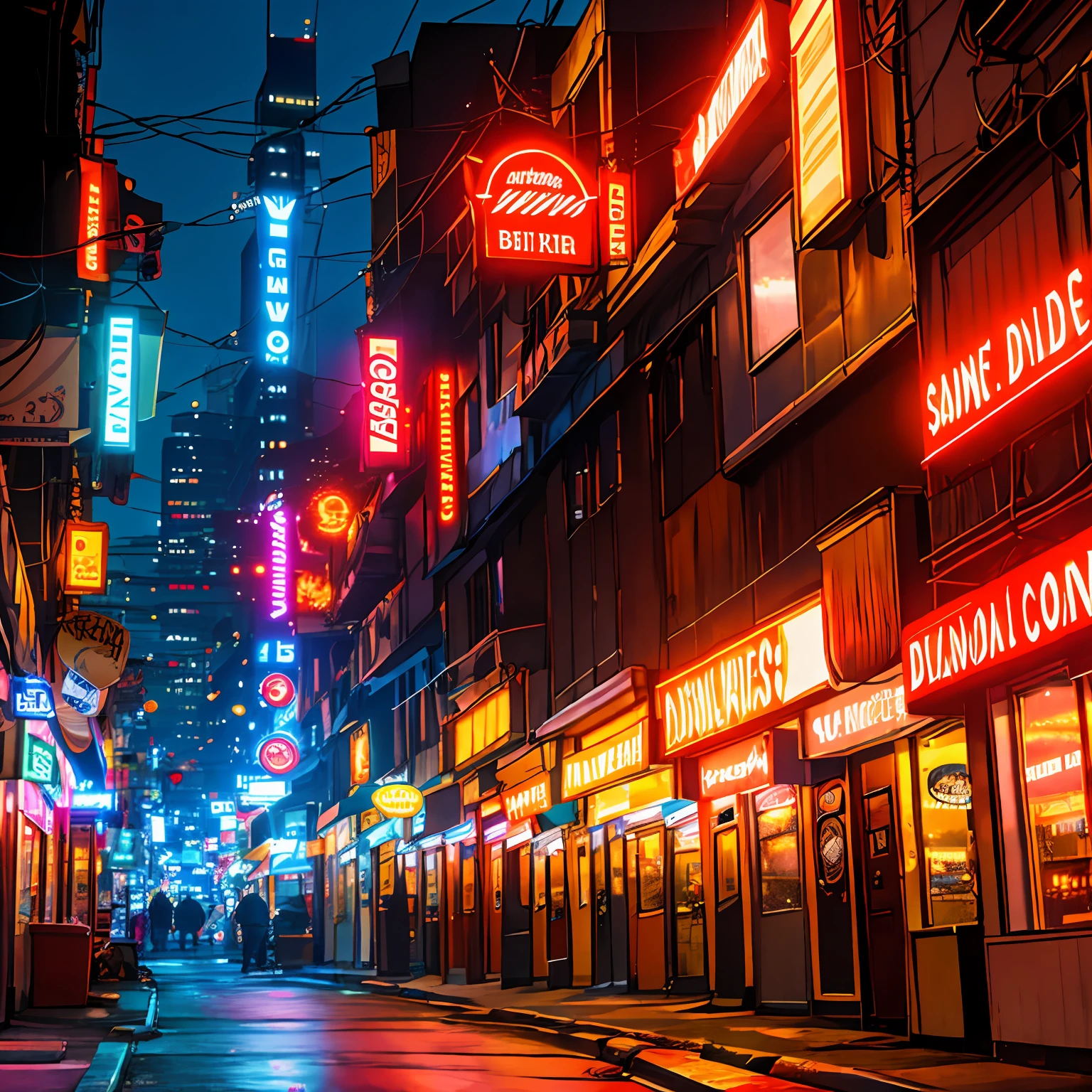 detailed anime style, anime, exterior, 1girl cyborg center frame, plastic face, breasts, modern, dark city streets, urban, alleyway, night, garbage, dilapidated, red light district, futuristic, skyscraper, cityscape, night sky, airships, bladerunner pyramid, neon, ironwork, cyberpunk, mist, steam rising from drains, nsfw, advertising posters, massage parlors, seedy bars, illuminated signage for alcohol