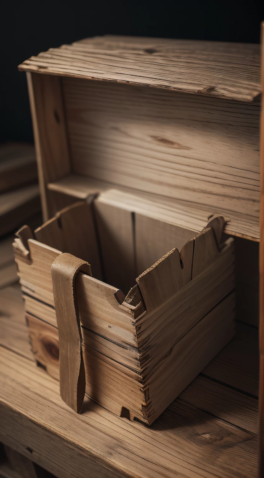 ((best quality)), ((masterpiece)), (detailed), Close-up of an empty wooden box with no supplies, scarce supplies, limited food items, depicted in the style of John White, known for his realistic approach. The camera angle captures the intricate details of the weathered wood texture and the sparse content inside, emphasizing the scarcity and difficulties.