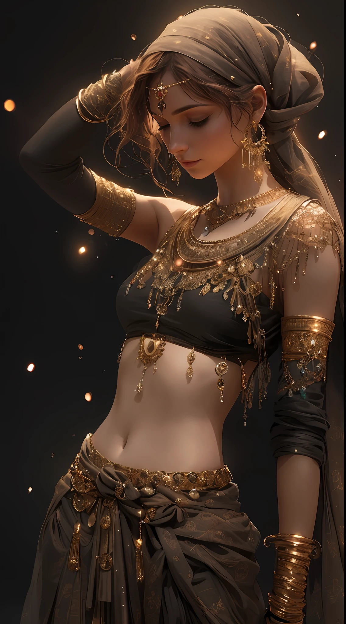 dancer with jewelry at night on the beach by the fire in the style of magali villeneuve, eve ventrue, realistic depiction of light, luminous pointillism, daz3d, sultan mohammed, burned/charred --ar 9:16 --upanime --niji 5 --q 3 --v 5.1 --style expressive --s 500