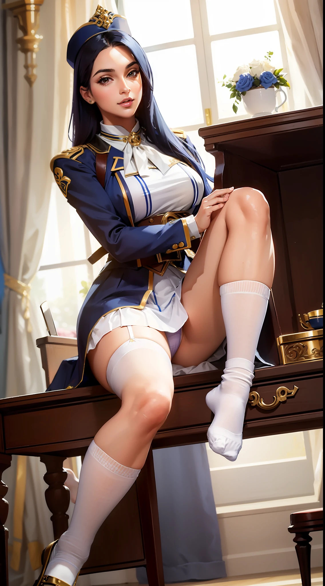 (masterpiece, best quality), intricate details,
1girl, c41t, uniform exposed, 1girl, casual clothing, intricate detail , y pose , 9:16 , beautiful thighs , Caitlyn Kiramman , beautiful feet , big cup size , white socks , legs up , visible panwhite stockings