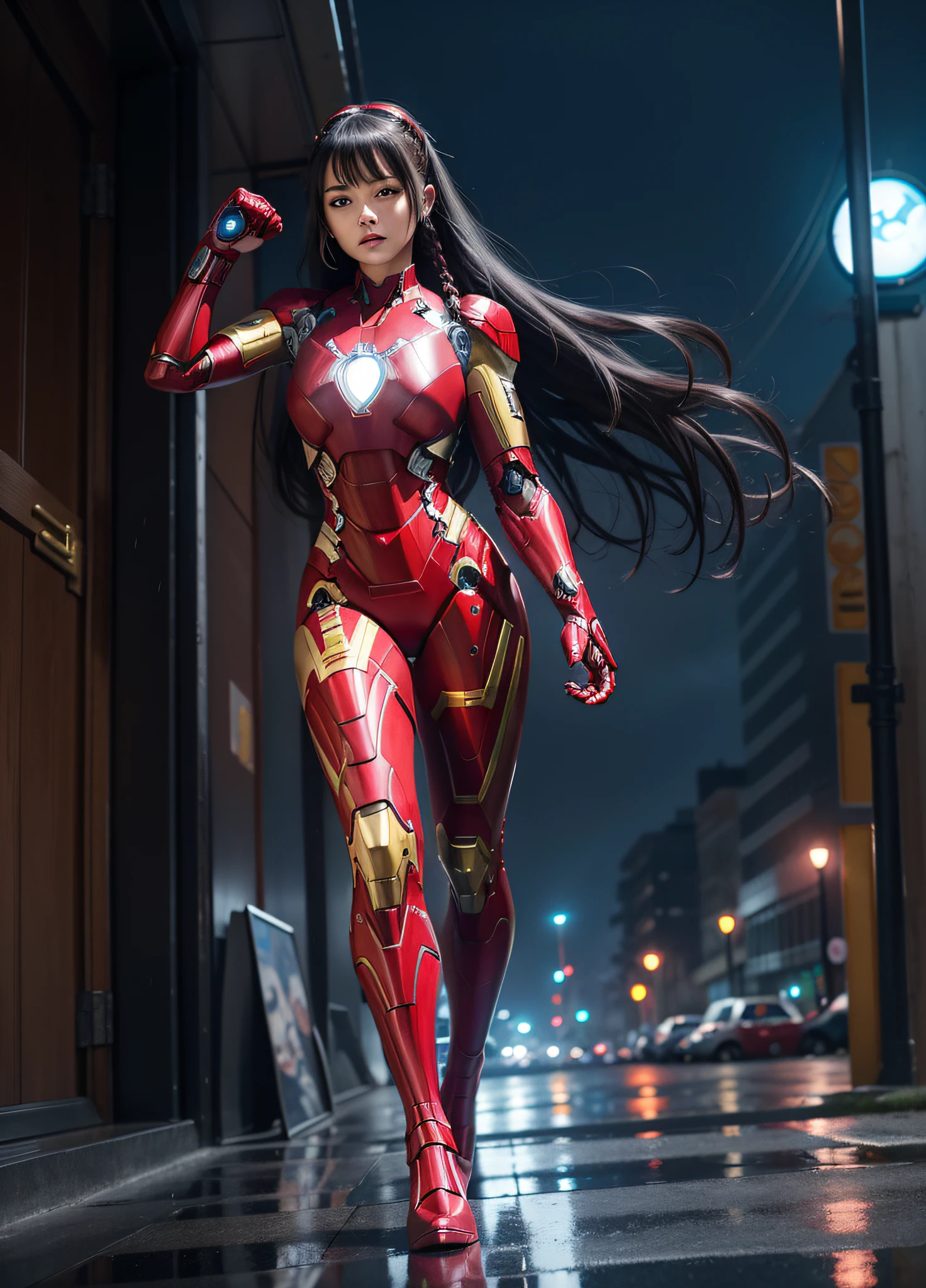 A Woman, full body photo with her feet on the ground, ((dressed as Iron Man/Spider-Man/Mega Man-X)), tight-fitting suit, immensely gigantic breasts. The woman has long blue hair with braids held by teddy bear barrettes, green eyes, this one with her fists up, her outfit has several weapons attached to her costume. The woman is looking at the viewer, flushed face, heavy makeup on her face, red lipstick. She on top of a tall building raining heavily, her hair and clothes are soaked, rape face, Anime style, anime, Mortal Kombar style, Mega Man-X style, 16k, high quality, award winning, high details, anatomically correct, masterpiece, UHD