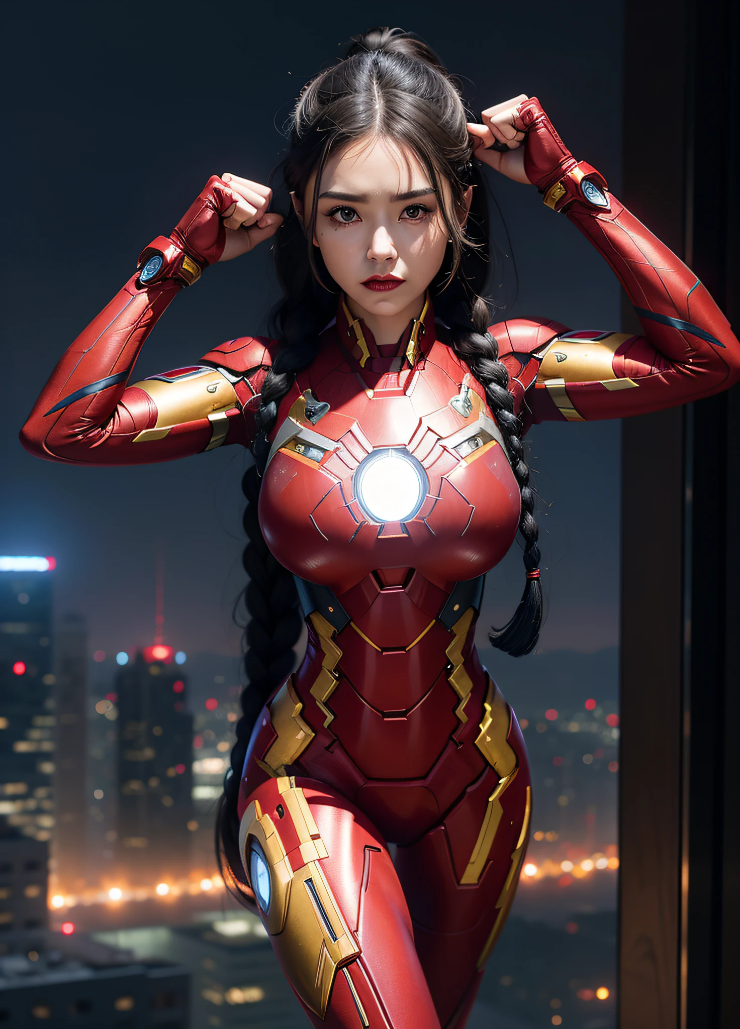 A Woman, full body photo with her feet on the ground, ((dressed as Iron Man/Spider-Man/Mega Man-X)), tight-fitting suit, immensely gigantic breasts. The woman has long blue hair with braids held by teddy bear barrettes, green eyes, this one with her fists up, her outfit has several weapons attached to her costume. The woman is looking at the viewer, flushed face, heavy makeup on her face, red lipstick. She on top of a tall building raining heavily, her hair and clothes are soaked, rape face, Anime style, anime, Mortal Kombar style, Mega Man-X style, 16k, high quality, award winning, high details, anatomically correct, masterpiece, UHD