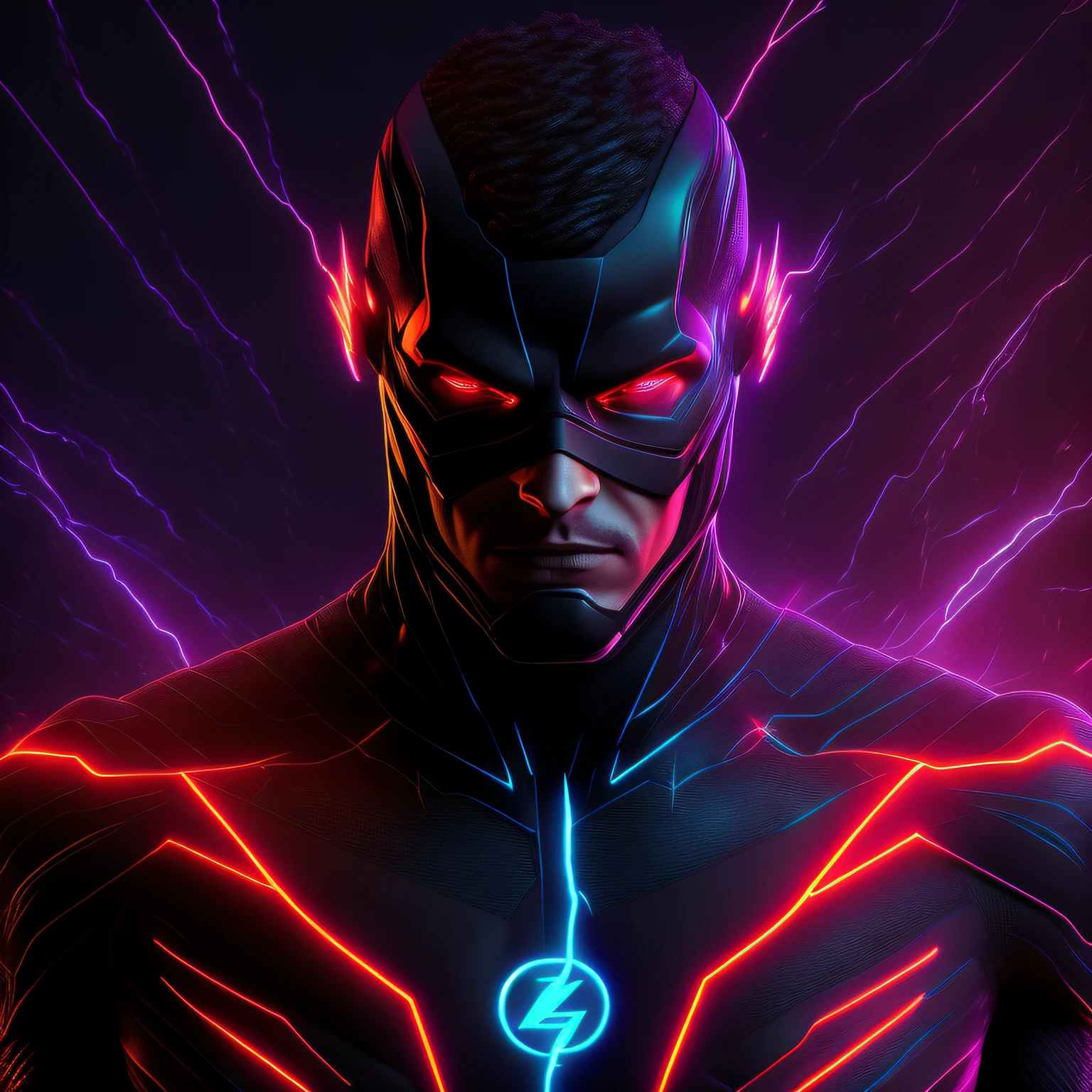the Dark Flash (DC),Cyberpunk, 8k front face and chest ultra-detailed and ultra-realistic black neon with rays
