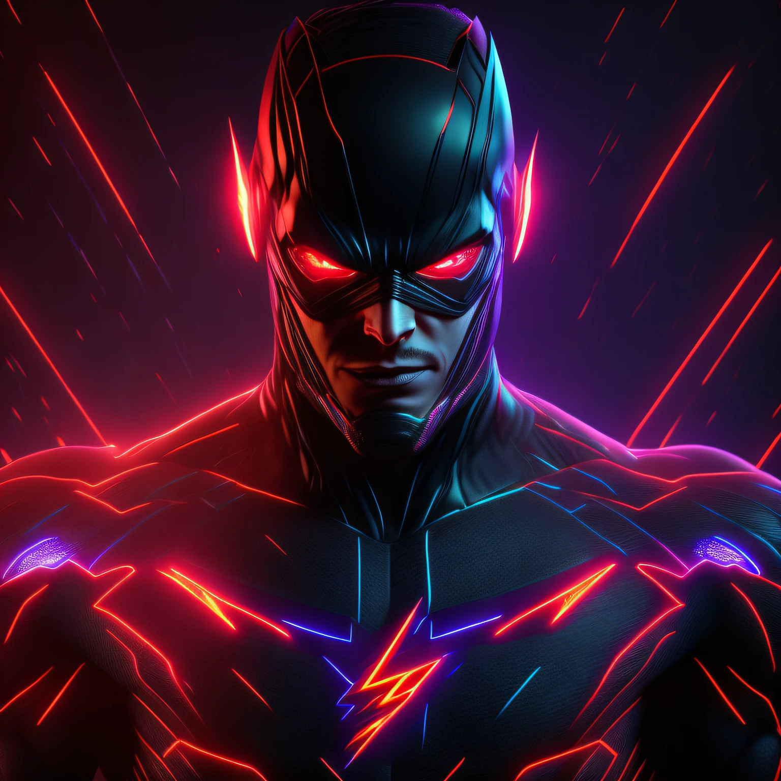 the Dark Flash (DC),Cyberpunk, 8k front face and chest ultra-detailed and ultra-realistic black neon with rays