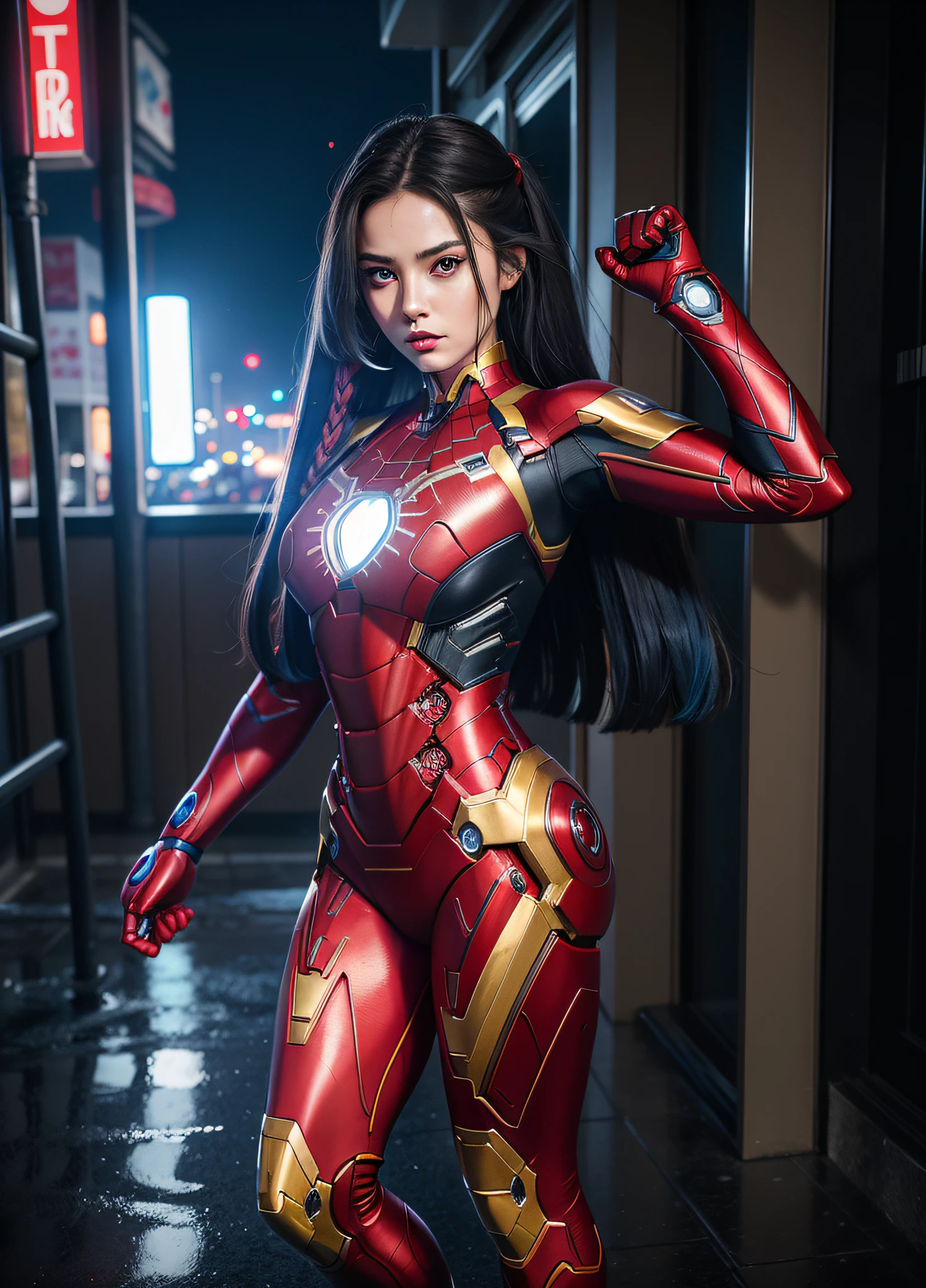A Woman, full body photo with her feet on the ground, ((dressed as Iron Man/Spider-Man/Mega Man-X)), tight-fitting suit, immensely gigantic breasts. The woman has long blue hair with braids held by teddy bear barrettes, green eyes, this one with her fists up, her outfit has several weapons attached to her costume. The woman is looking at the viewer, flushed face, heavy makeup on her face, red lipstick. She on top of a tall building raining heavily, her hair and clothes are soaked, rape face, Anime style, anime, Mortal Kombar style, Mega Man-X style, 16k, high quality, award winning, high details, anatomically correct, masterpiece, UHD