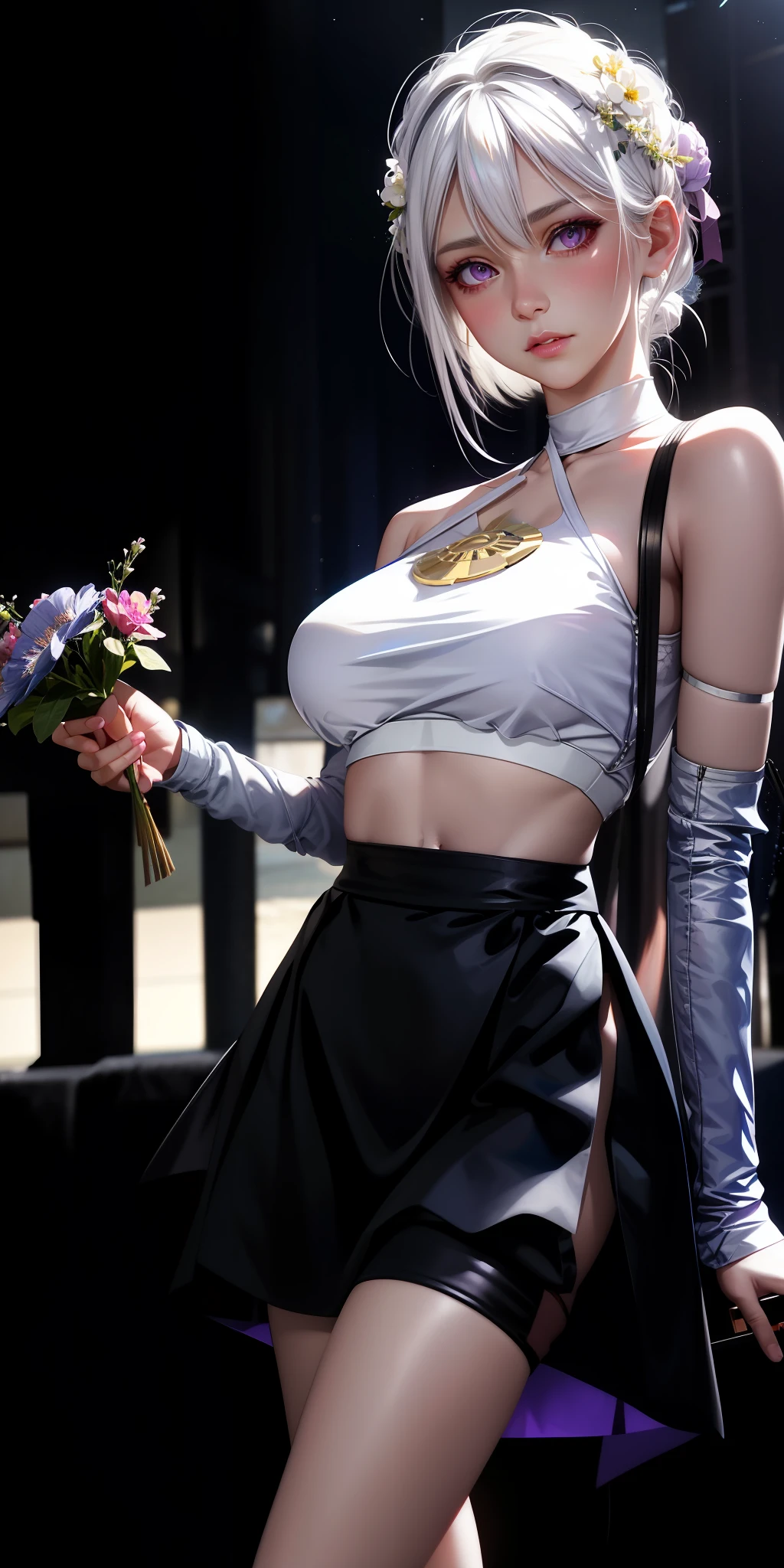 Realistic, 1girl, white hair, purple eyes, glowing eyes, cropped top, skirt, parted lips, blush, night, flowers, sun, sunlight, super high resolution