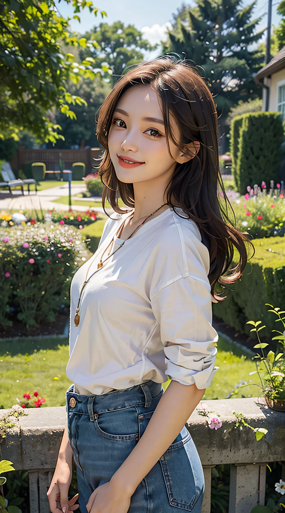 ((masterpiece)), ((best quality)), woman, beautiful, smile, close up, garden, colorful flower, casual outfit, sfw