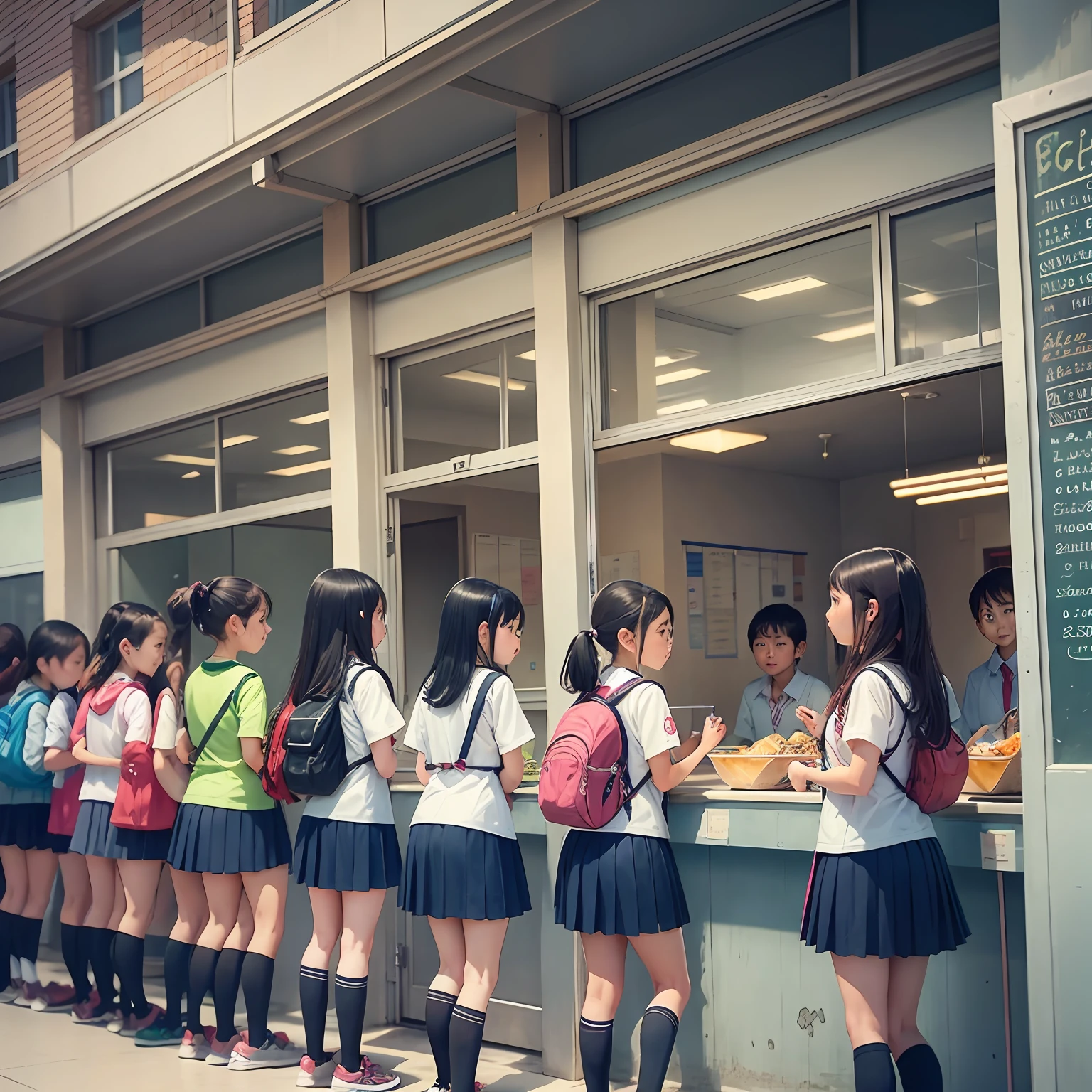 RAW photo, elementary school students, in the school cafeteria, queuing for food, --auto --s2