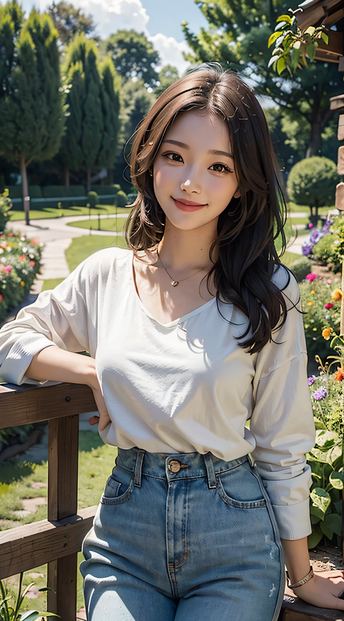 ((masterpiece)), ((best quality)), woman, beautiful, smile, close up, garden, colorful flower, casual outfit, sfw