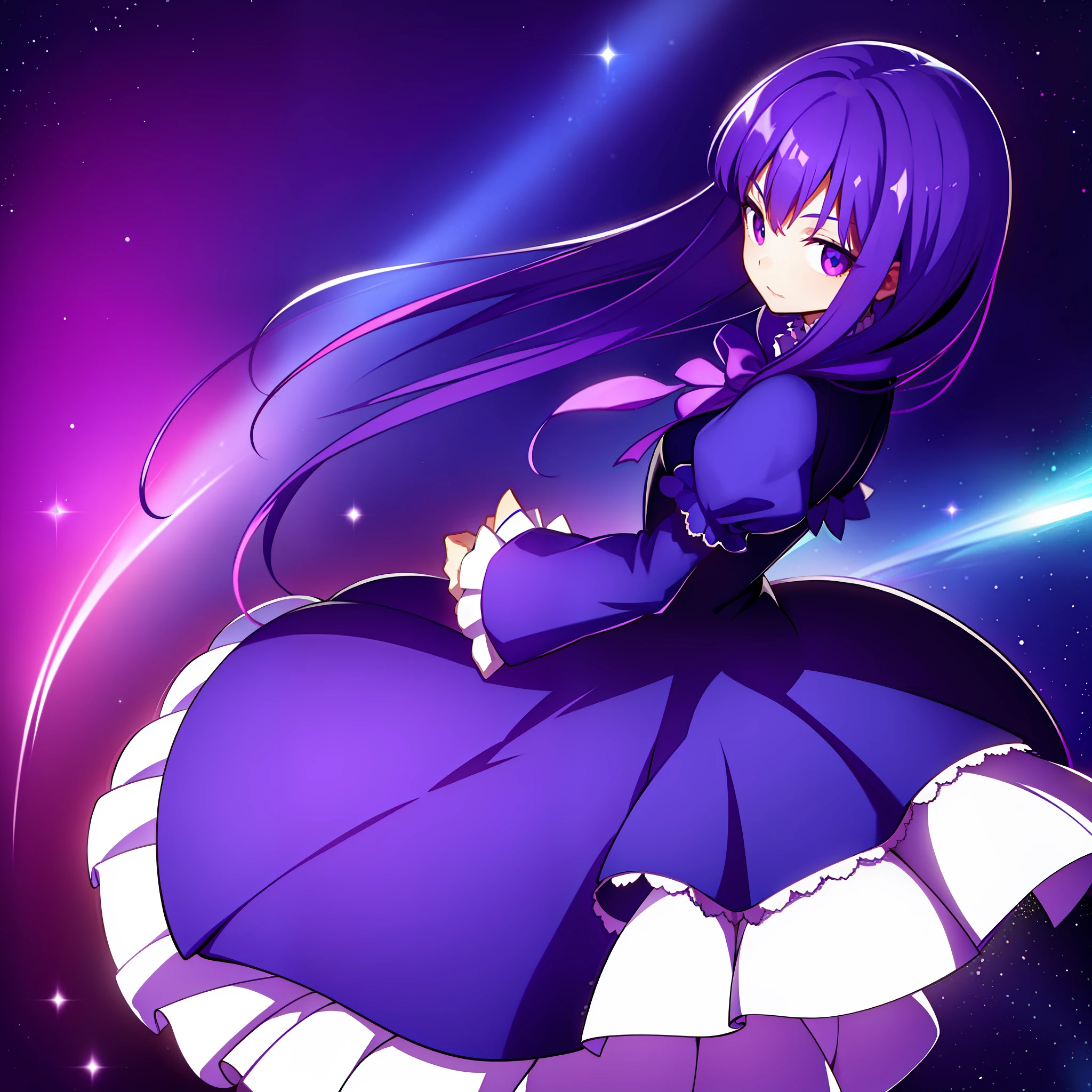 1girl, frederica bernkastel, blue hair, purple eyes, dress, detailed background, long sleeves, looking from back, dark purple space background, many crystals in background