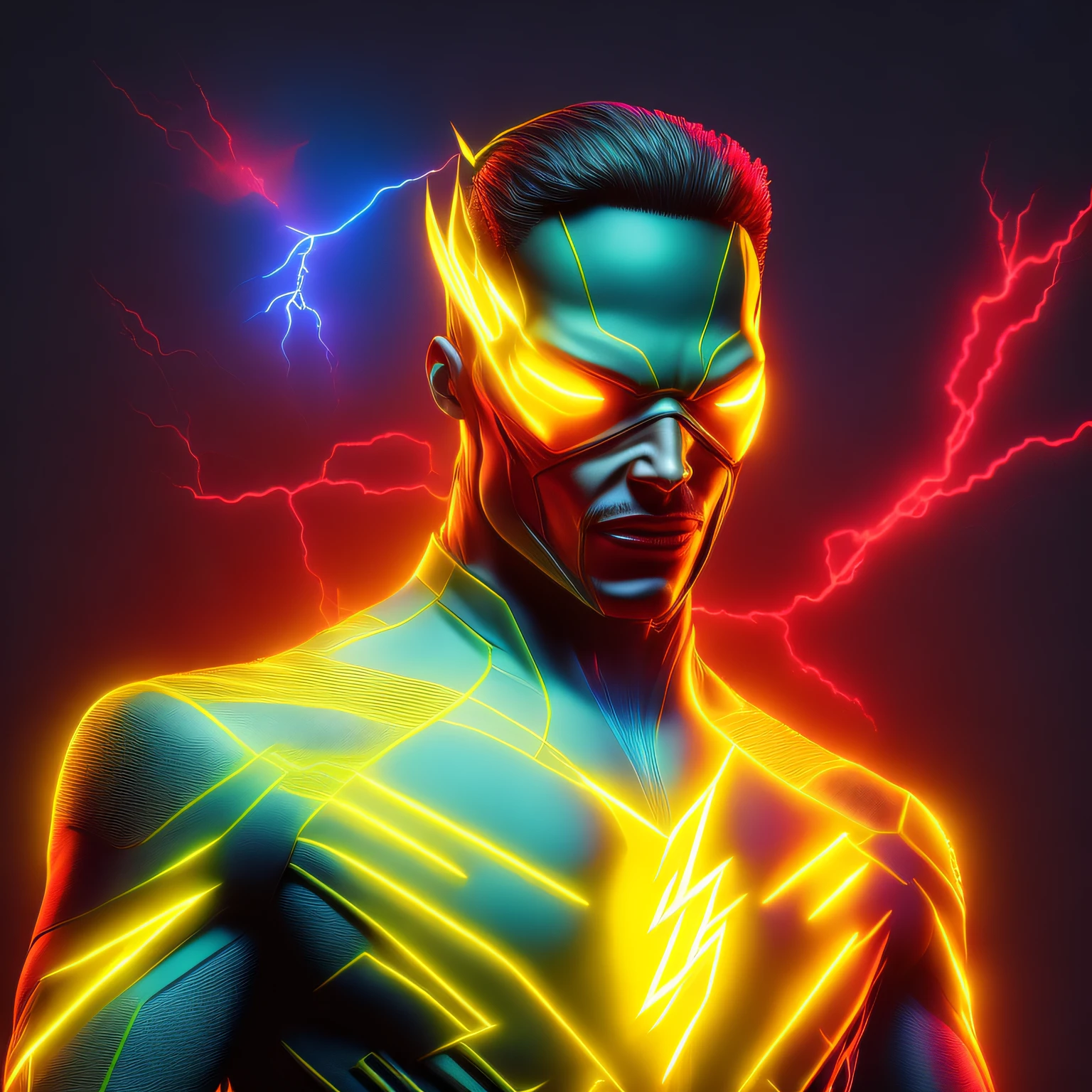 Cyberpunk Reverse-Flash, 8k front face and chest, ultra-detailed, ultra-realistic neon yellow with lightning bolts