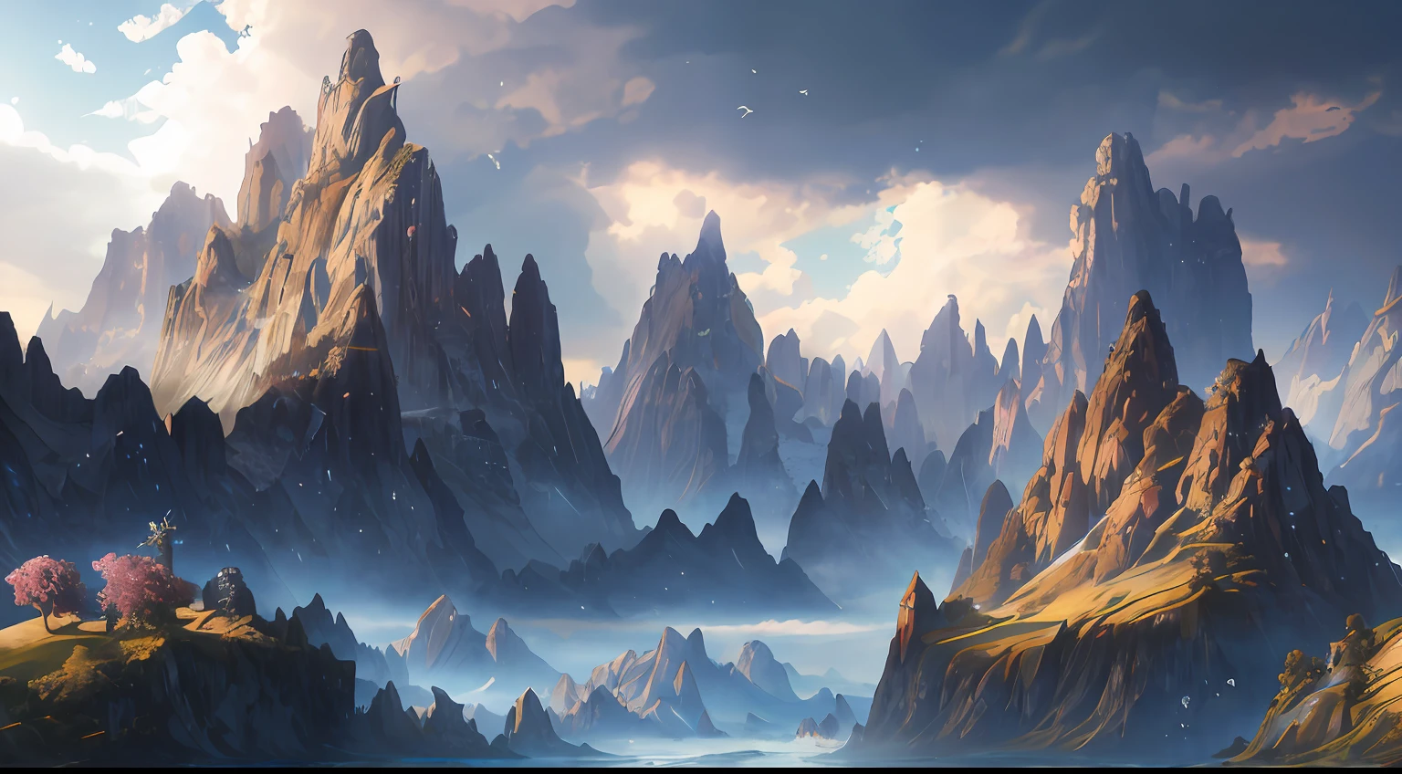 Masterpiece, best quality, high quality, extremely detailed CG unity 8k wallpaper, landscape, outdoor, sky, cloud, sky, no humans, mountain, landscape, water, tree, blue sky, waterfall, cliff, nature, lake, river , cloudy skies, award winning photography, bokeh, depth of field, HDR, bloom, chromatic aberration, photorealism, very detailed, trending on artstation, trending on CGsociety, intricate, high detail, dramatic, midjourney art