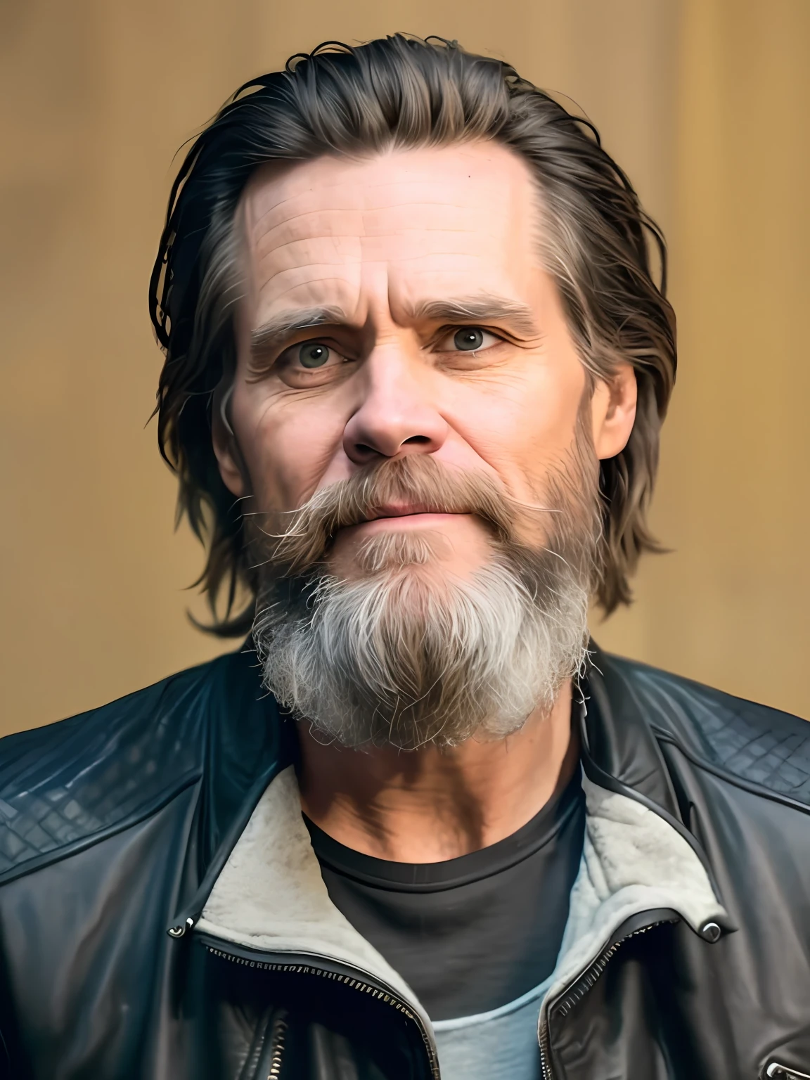 a man with a beard and a leather jacket is looking at the camera, jim carrey, jim carrey in gears of war, jim carrey as terminator, jim carrey caricature realism, jim carrey as the joker, brian wilson, he has a beard and graying hair, jeff bridges, about 3 5 years old, peter dunham, willem dafoe