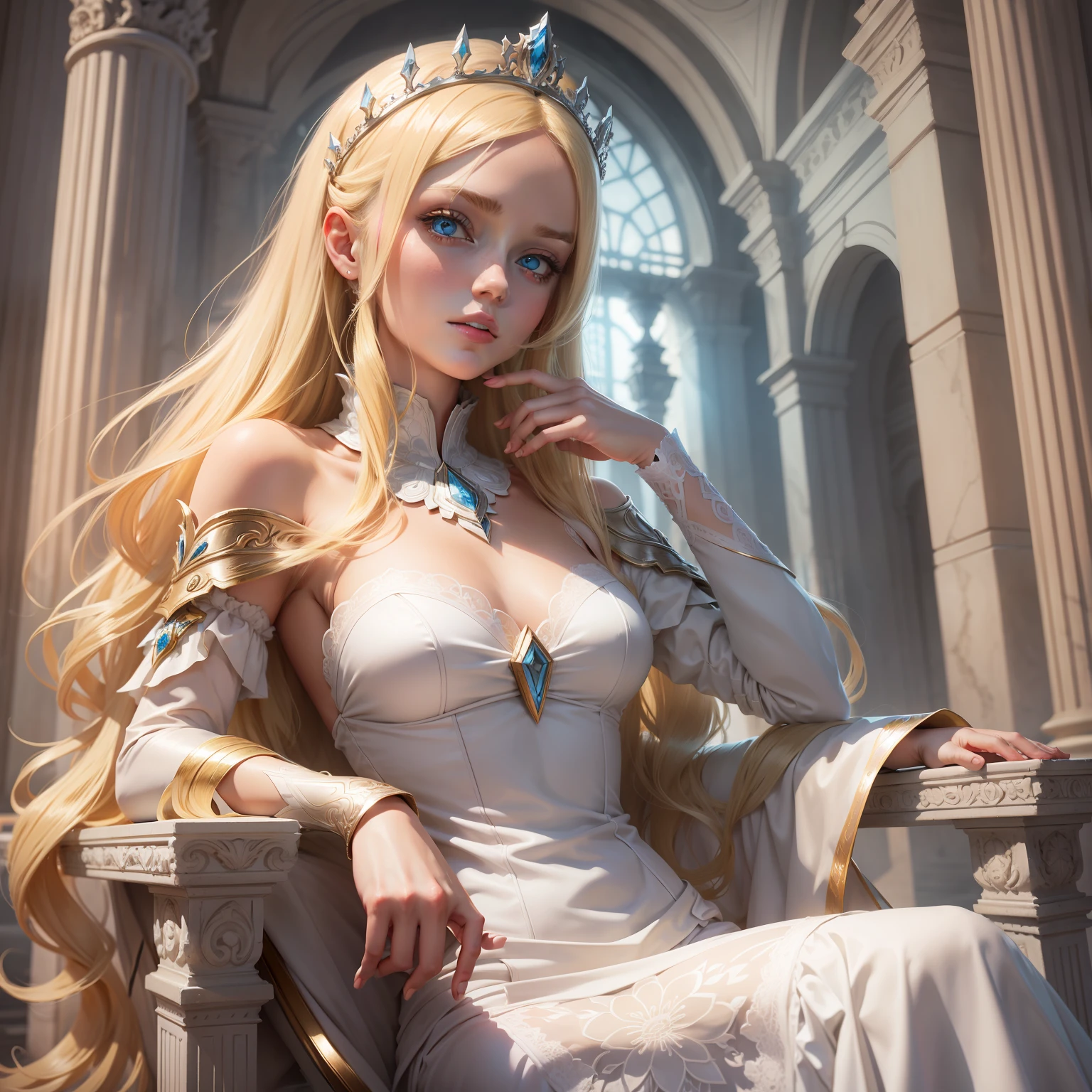 blonde girl wearing a tiara with a setron in her hand sitting on a white throne in a palace
